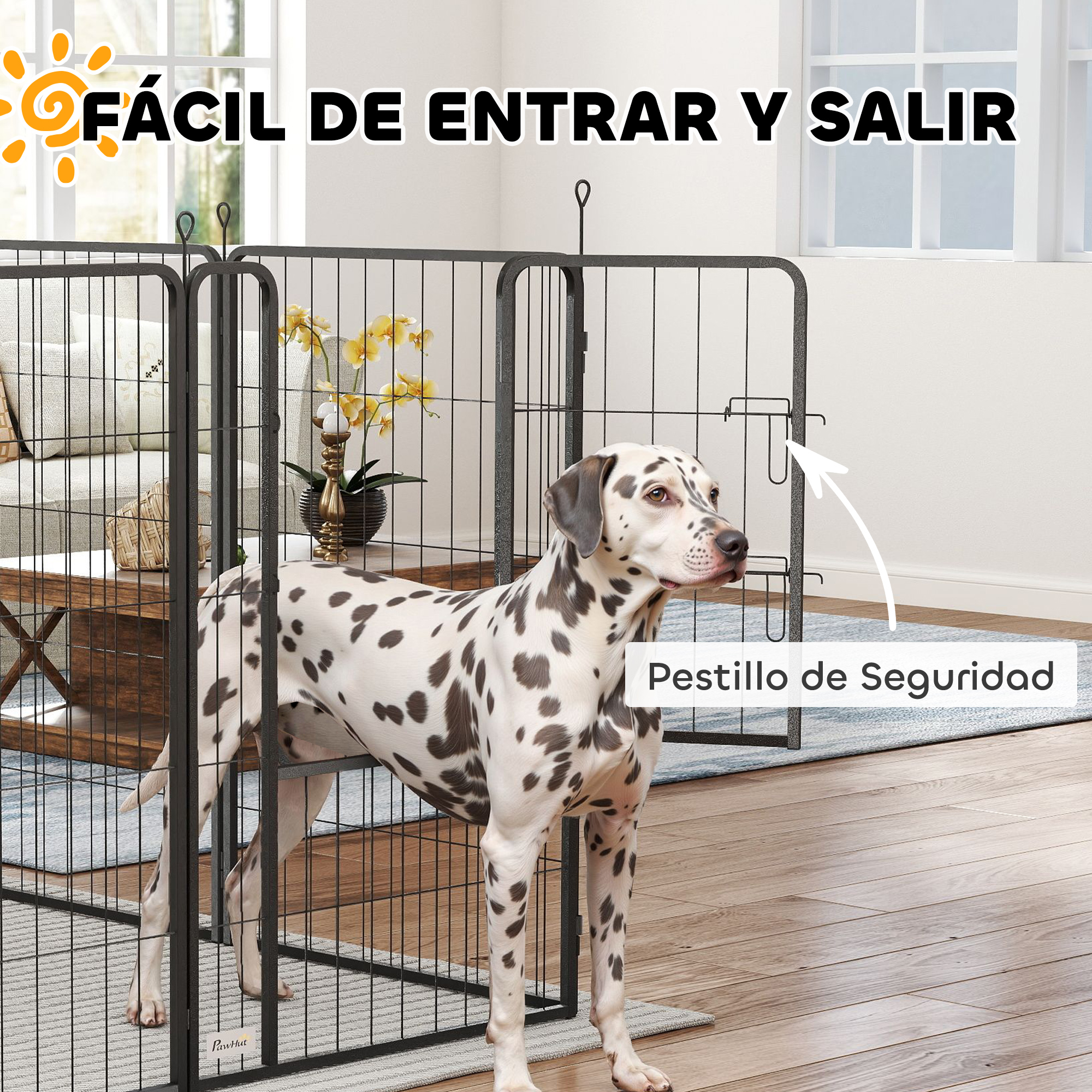 Un dálmata dentro de una valla metálica para mascotas con texto explicativo.