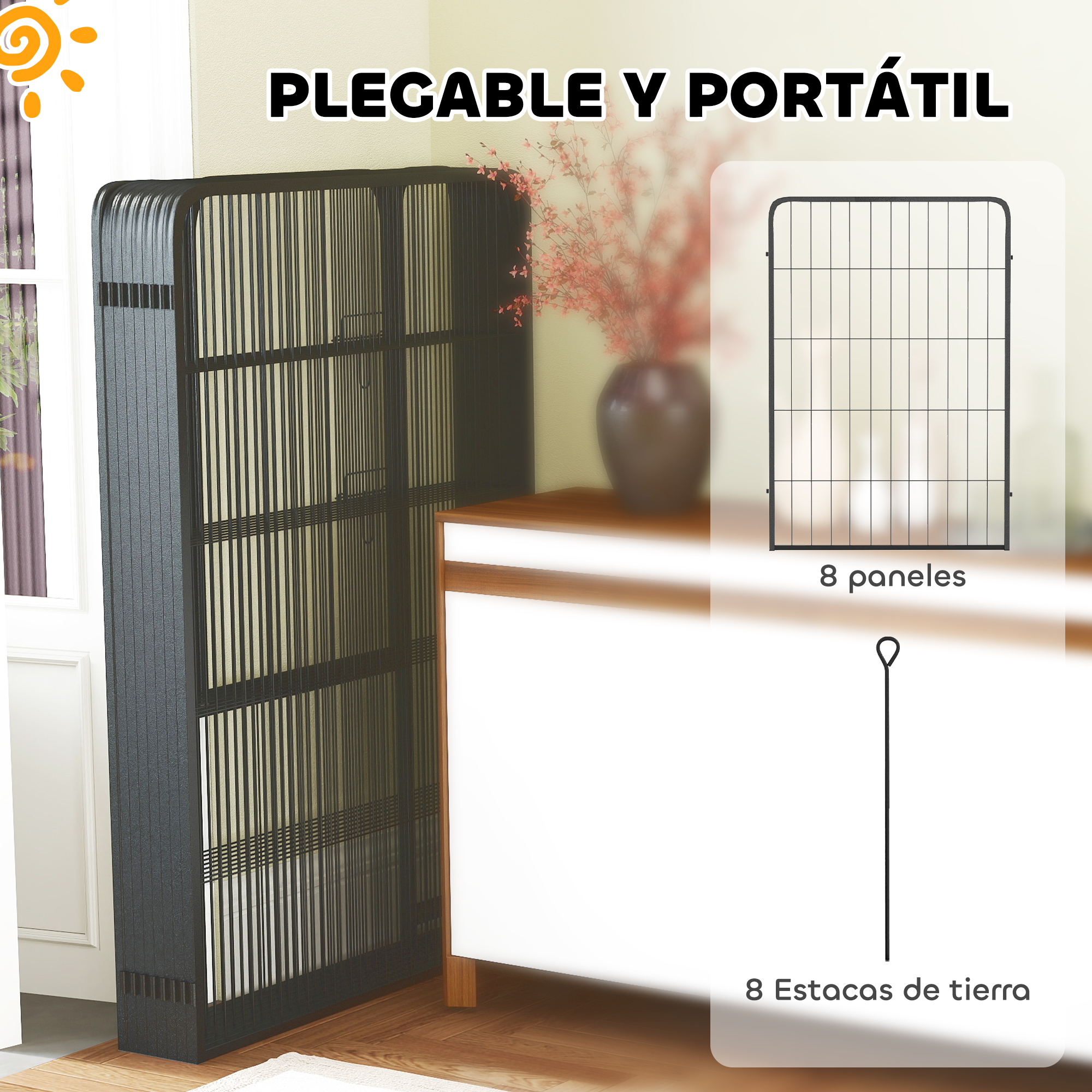 Un corral para mascotas plegado junto a un mueble, con diagramas de paneles y estacas.