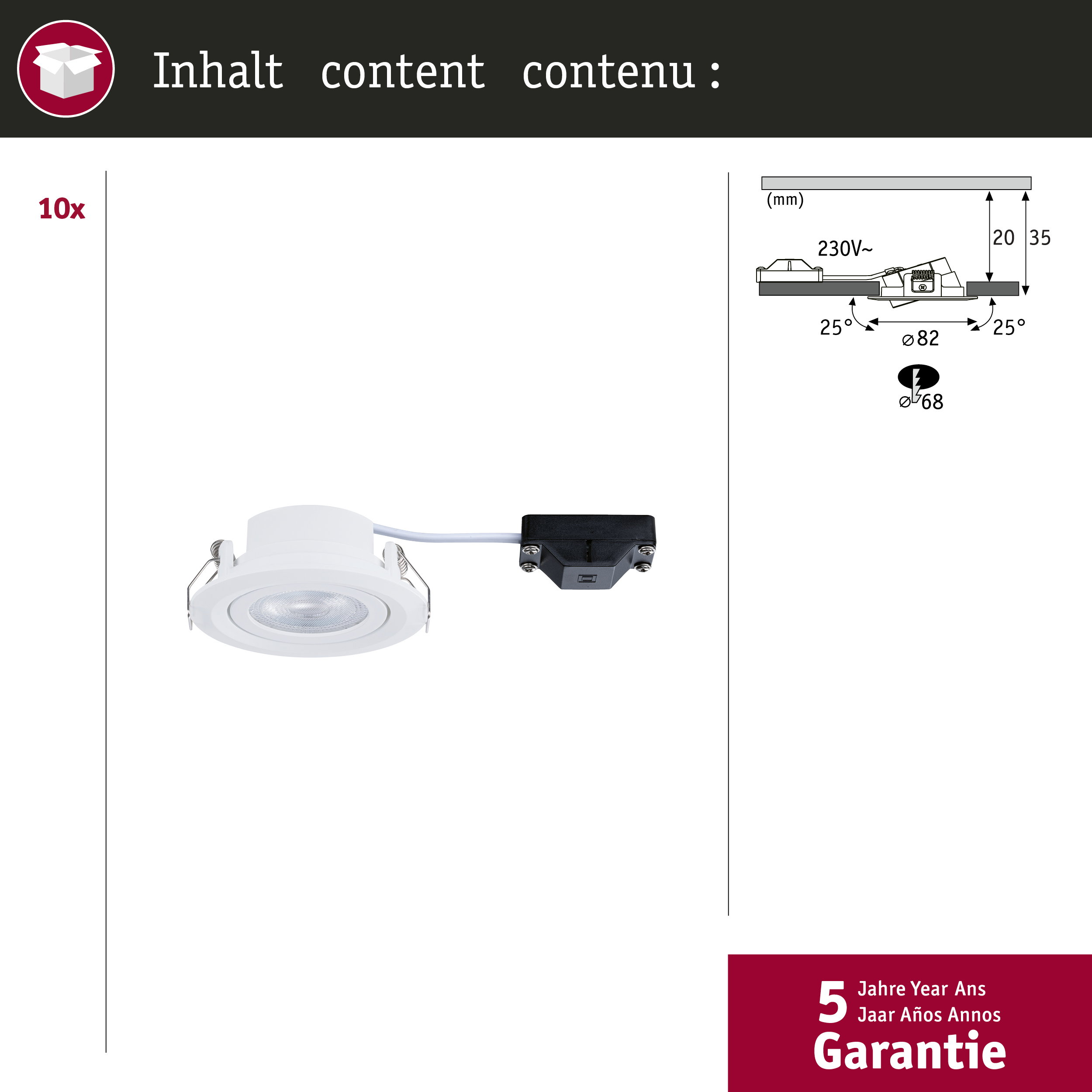 10 weiße Einbaustrahler mit Kabel, Anschlusskasten und technischen Maßen.