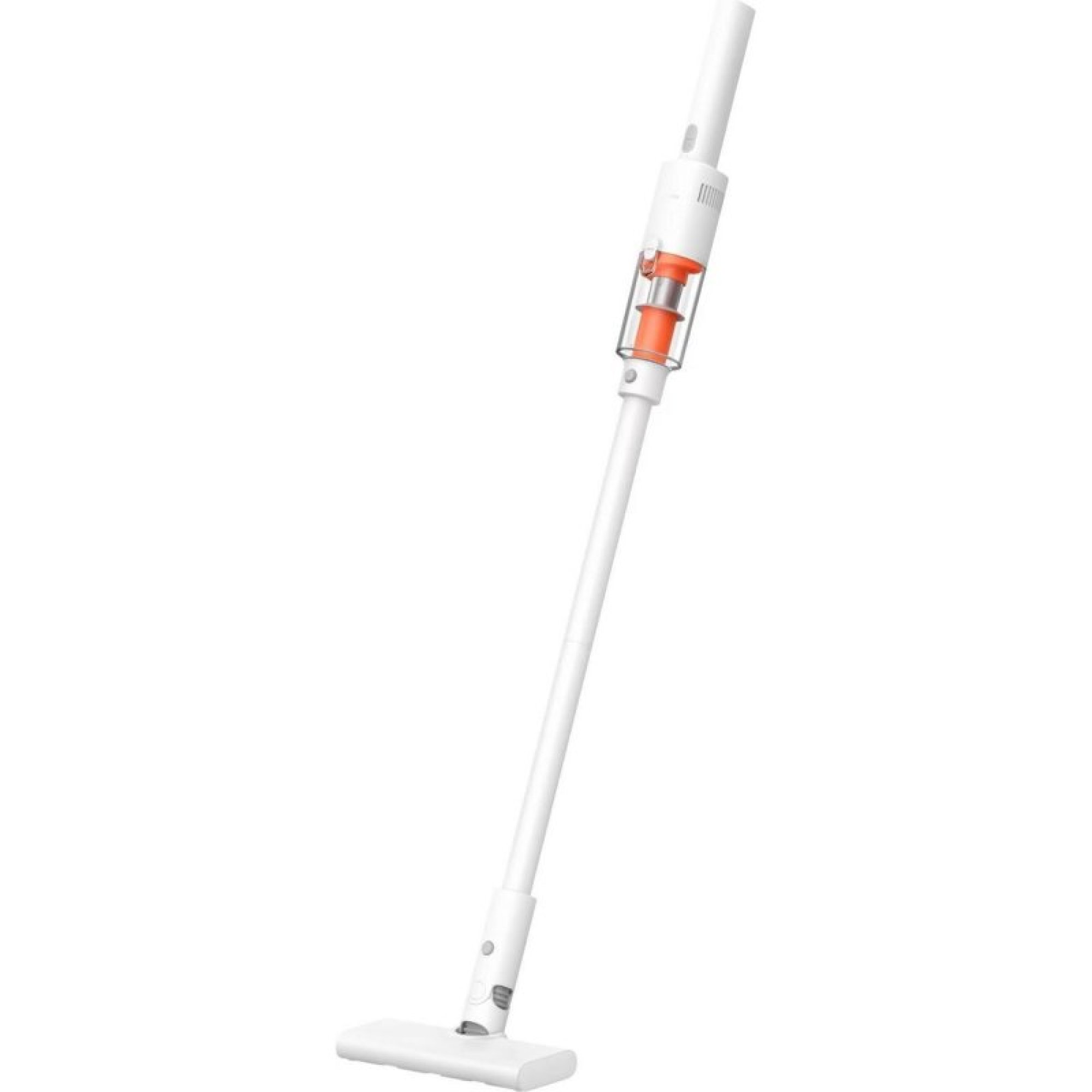 A white cordless vacuum cleaner with an orange dust bin on a light background.