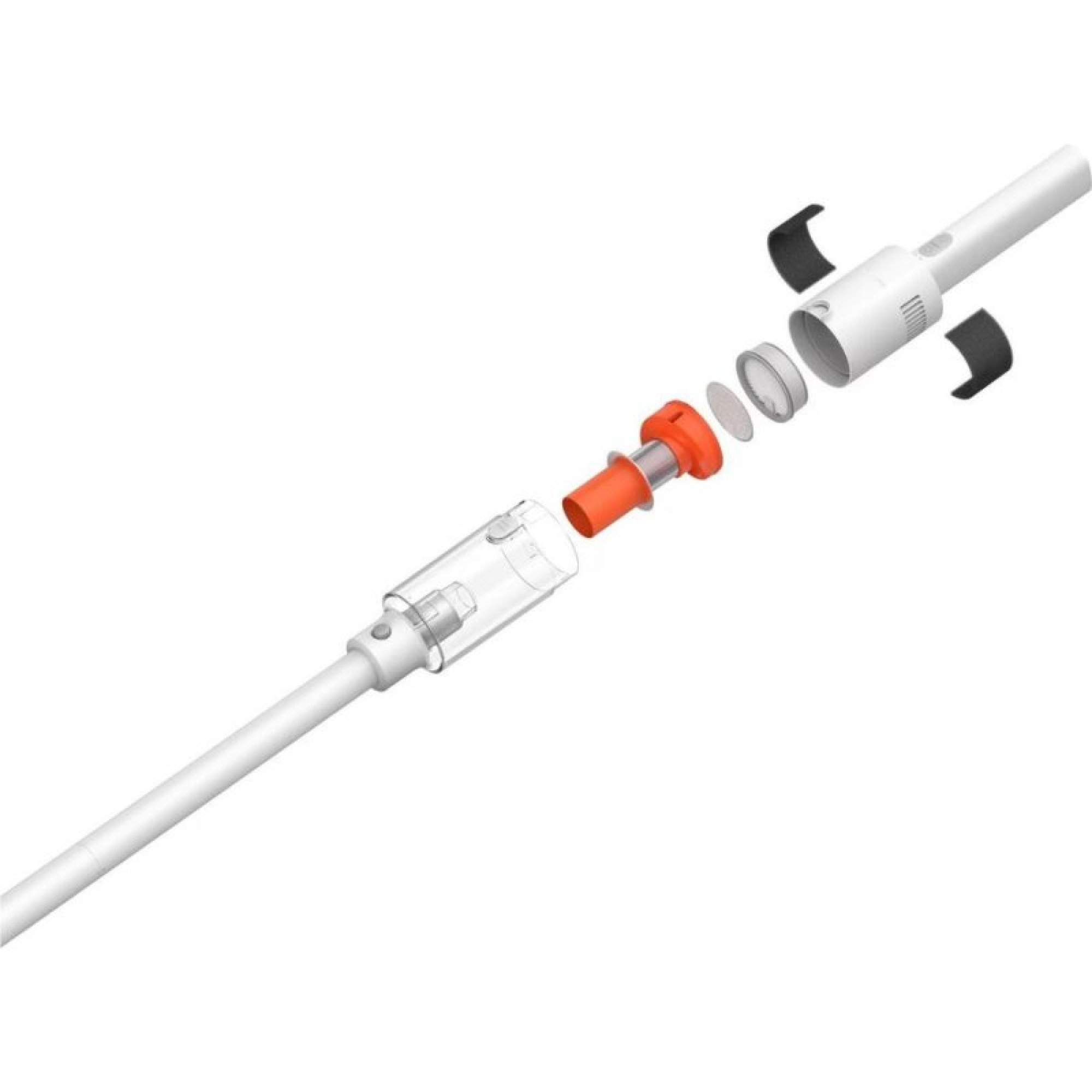 An exploded view of a white vacuum cleaner showing separated internal filters and an orange component.