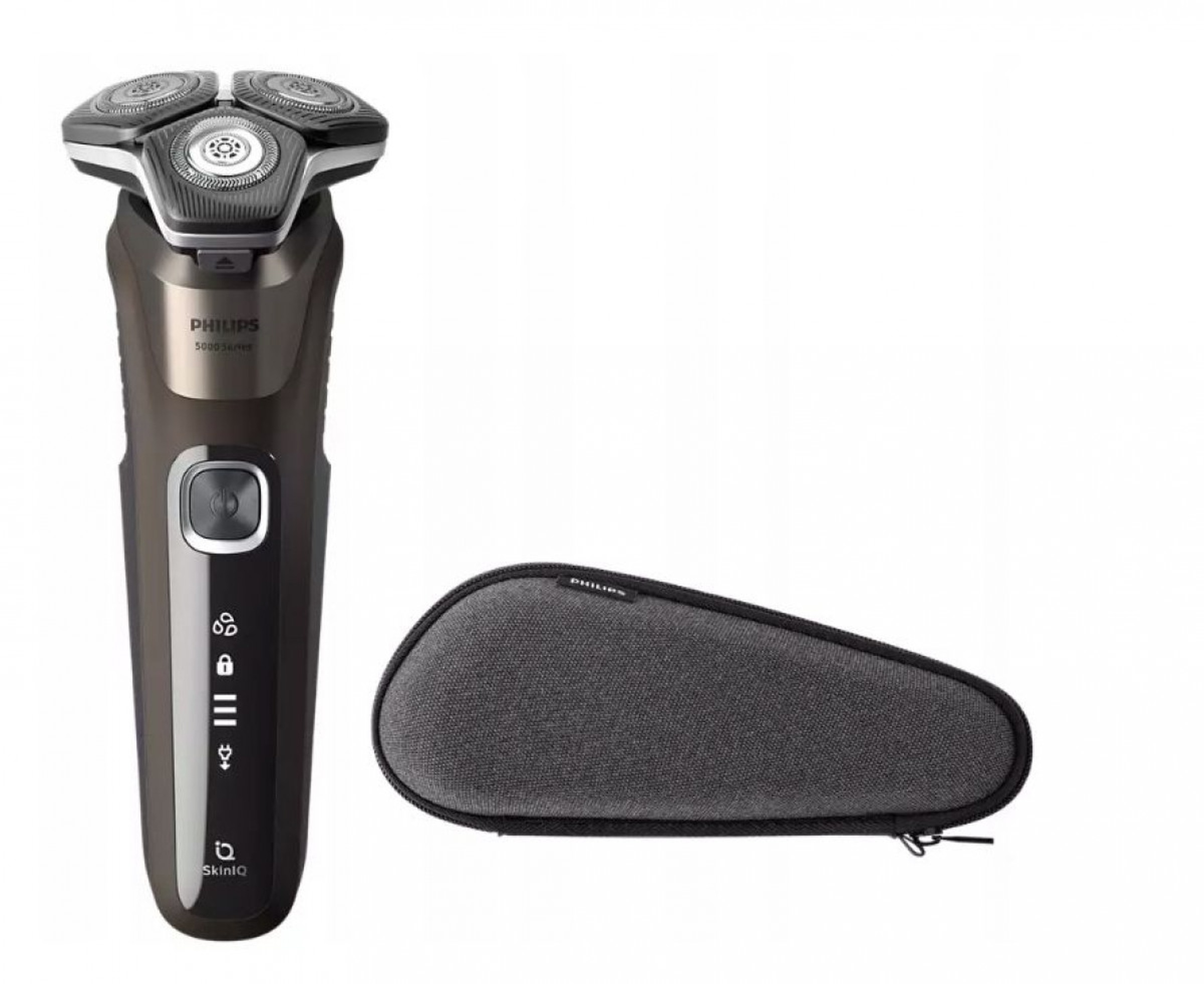 Rasoio elettrico Philips con tre testine e custodia grigia su sfondo bianco.