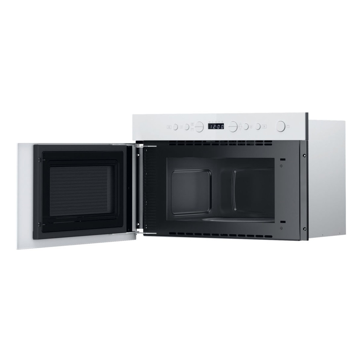 Microondas blanco moderno con puerta abierta, interior negro y pantalla digital, aislado en blanco.