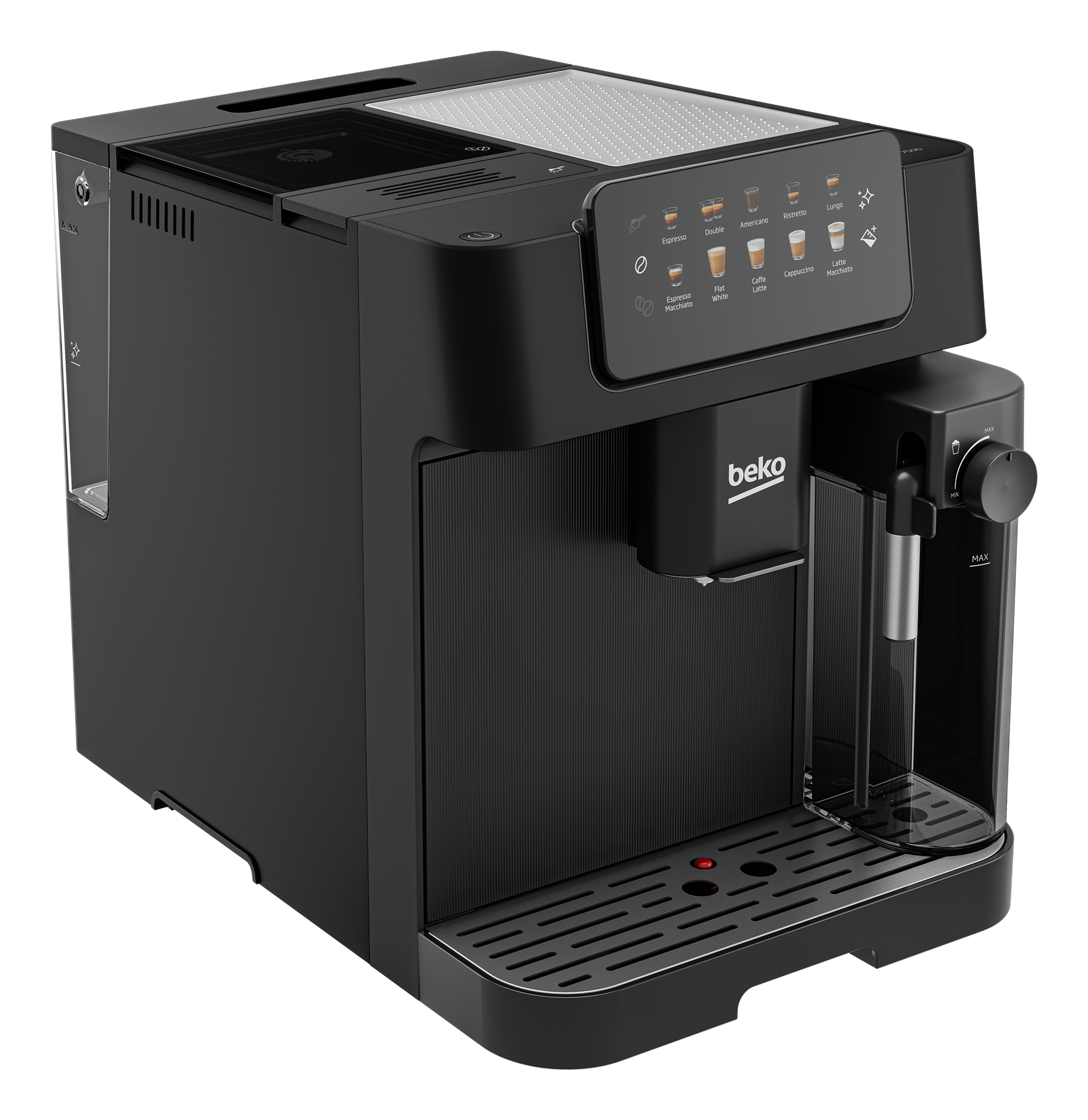 Moderne schwarze Beko Kaffeevollautomat mit Touch-Display und integrierter Milchkaraffe.