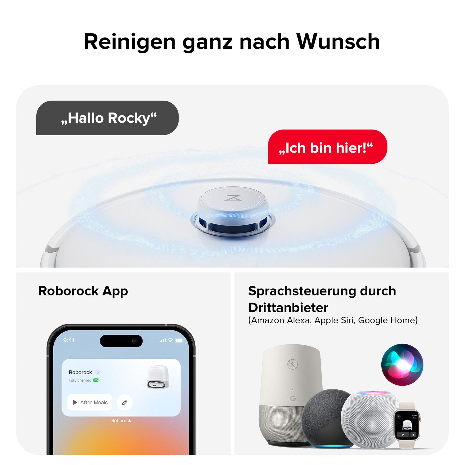 Robot odkurzający z sterowaniem aplikacją i kompatybilnością z asystentami głosowymi Alexa, Siri i Google Home.