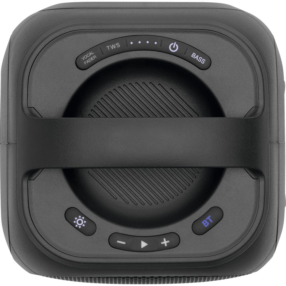 Vista dall'alto di un altoparlante wireless nero con pulsanti per accensione, bluetooth, volume e luci.