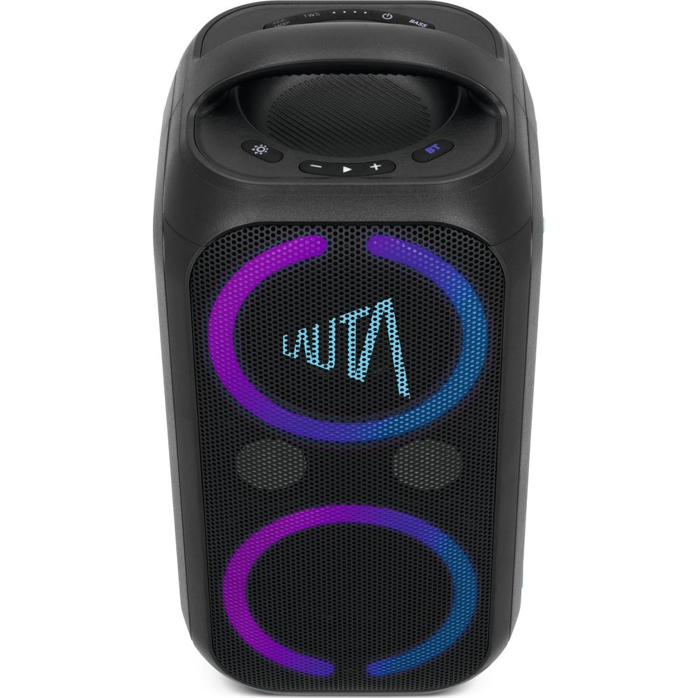 Un altoparlante per feste nero con maniglia, pulsanti di controllo e anelli LED luminosi colorati sulla griglia.