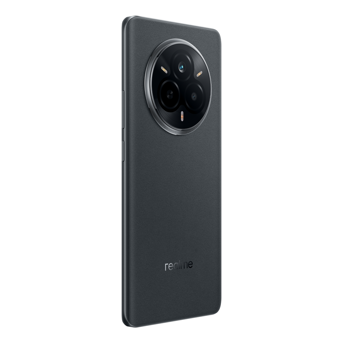 Ciemnoszary smartfon z dużym okrągłym modułem aparatu z tyłu i logo realme na dole.