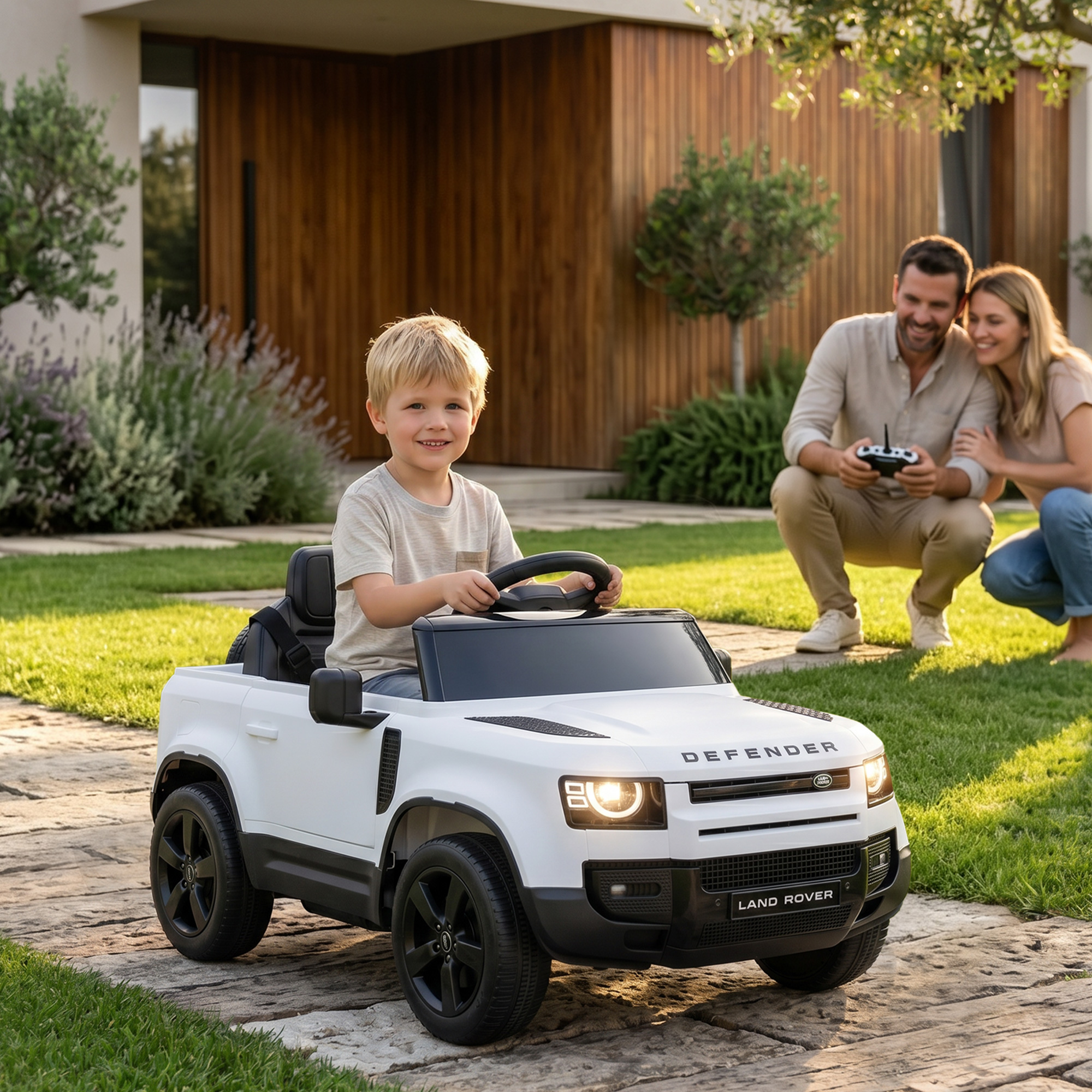 Un niño sonriente conduce un Land Rover de juguete blanco mientras sus padres observan.