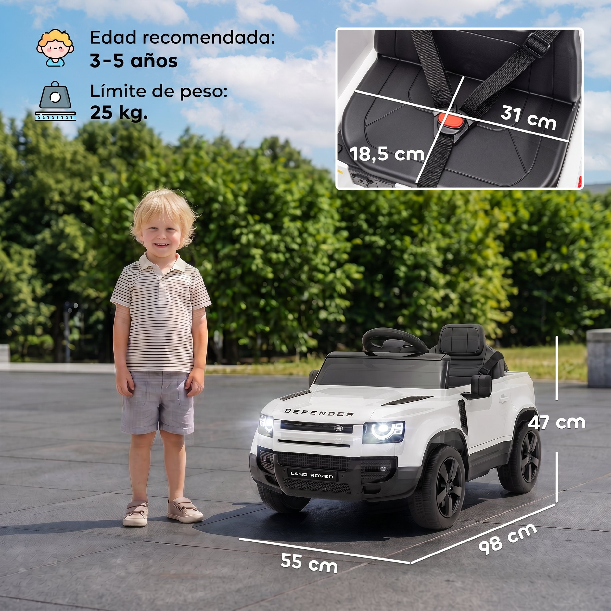 Niño junto a un coche eléctrico de juguete con medidas y detalles del asiento.