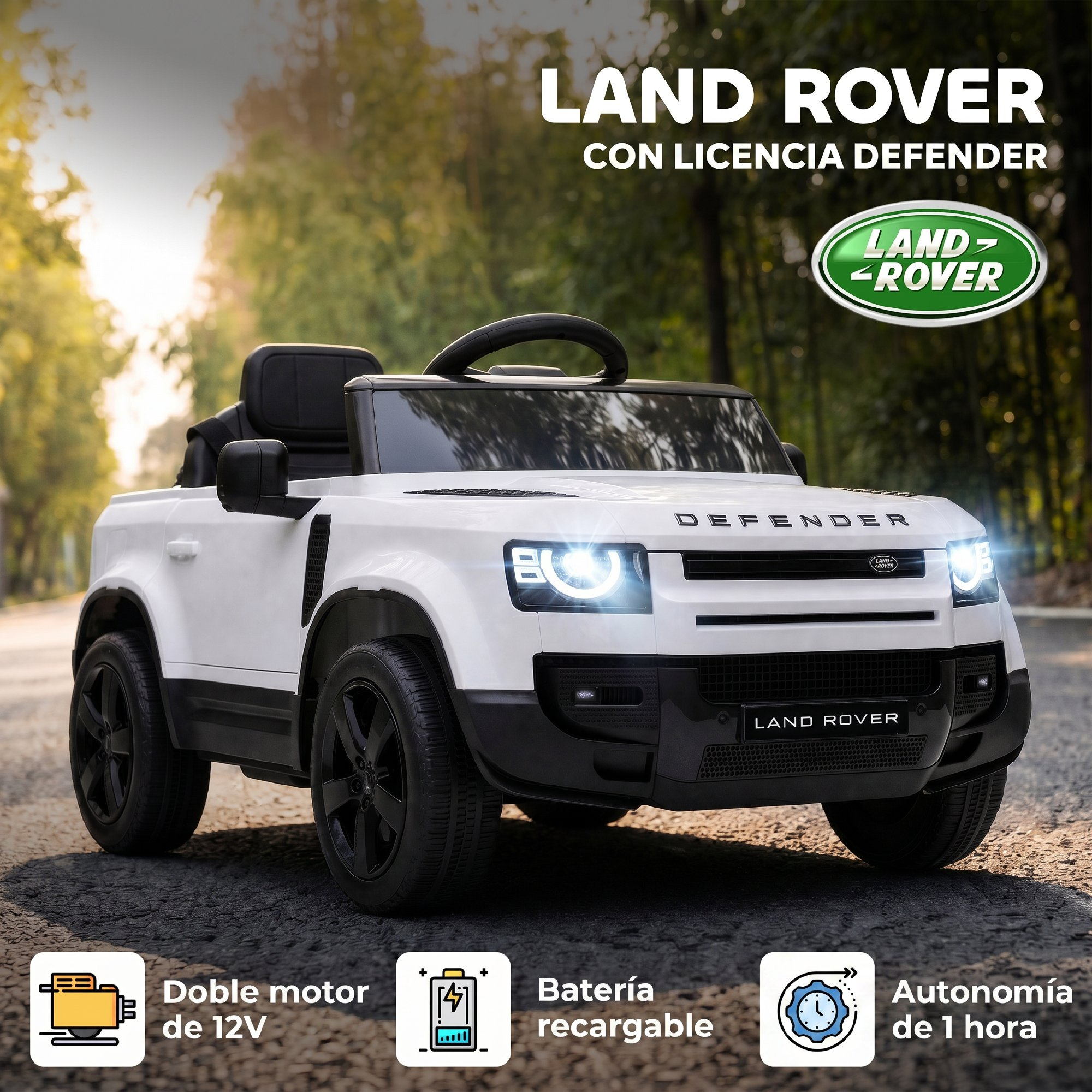 Un coche de juguete Land Rover Defender blanco está estacionado al aire libre con textos e iconos.