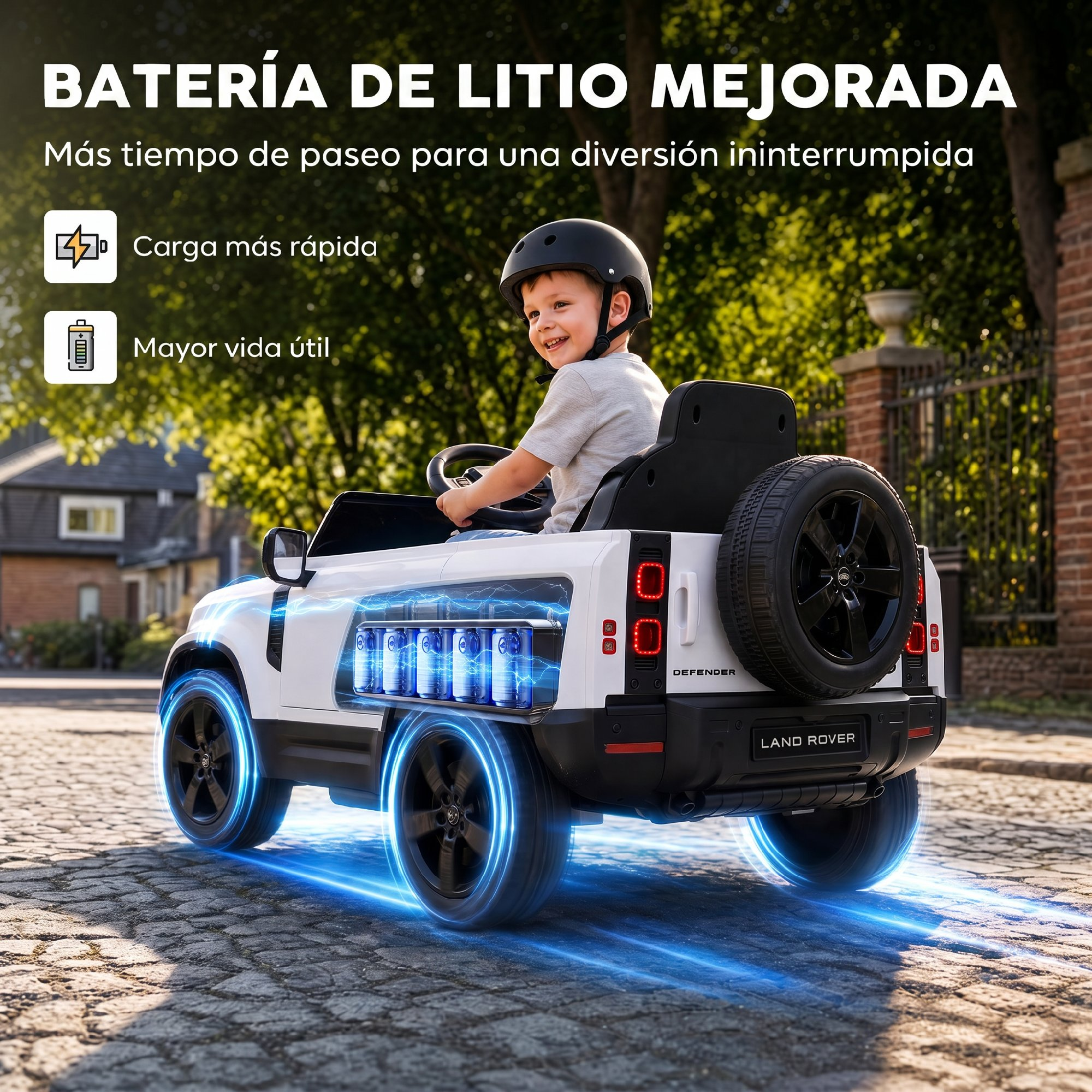 Niño conduce coche eléctrico de juguete sobre adoquines con batería gráfica y luces brillantes.