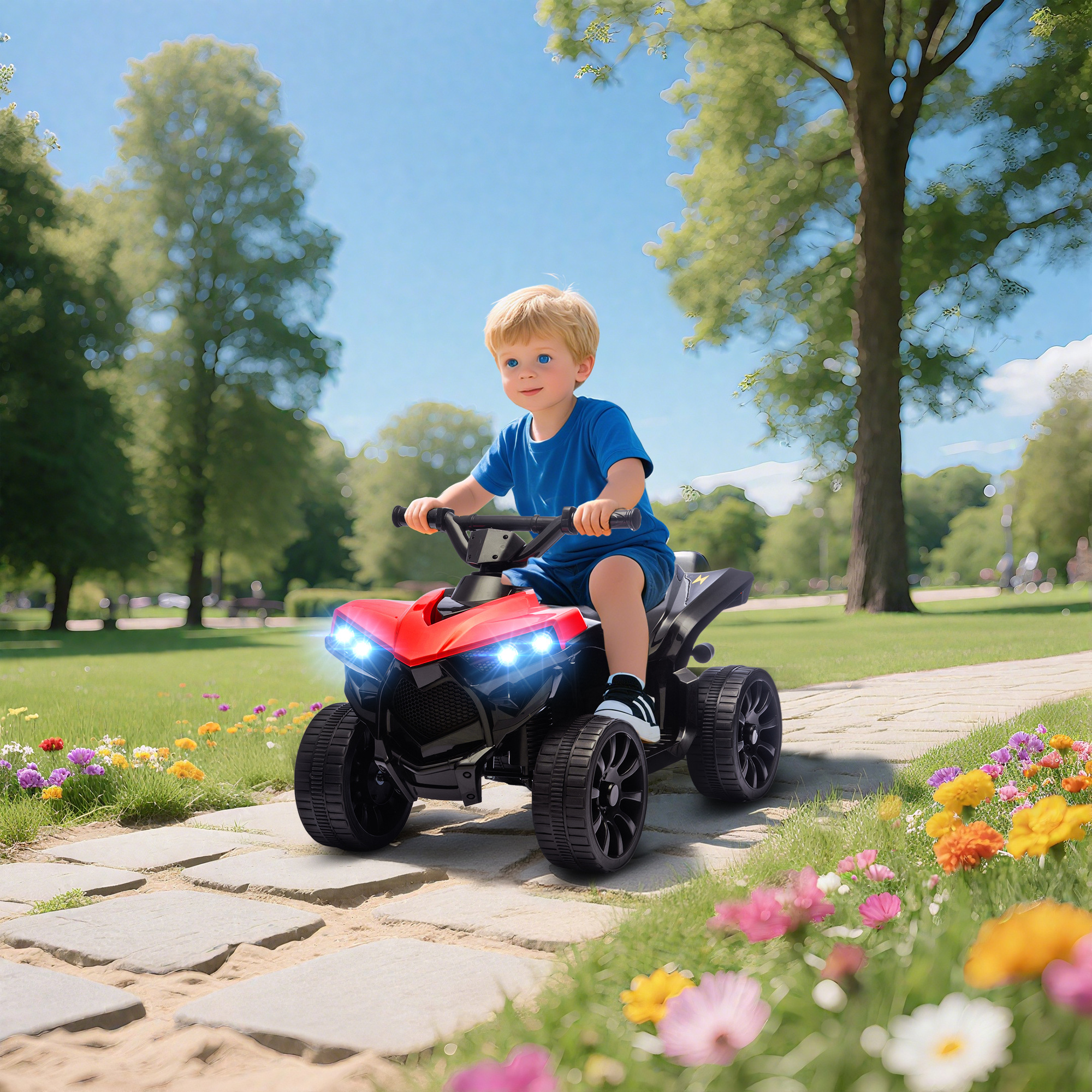 Un niño pequeño conduce un quad de juguete rojo por un sendero de piedra en un parque soleado.