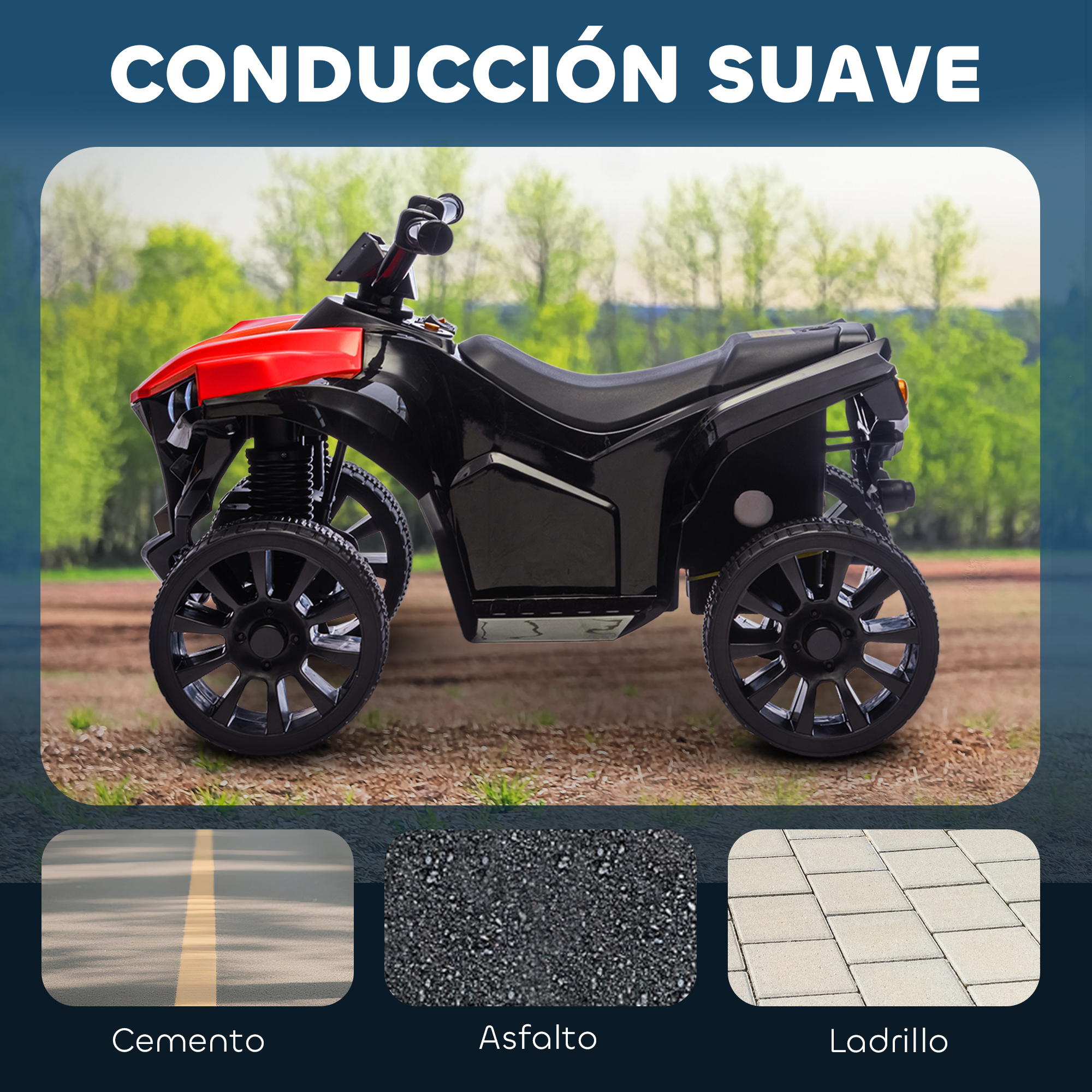 Un cuatrimoto infantil negro y rojo sobre fondo verde, con tres pequeñas fotos de cemento, asfalto y ladrillo.