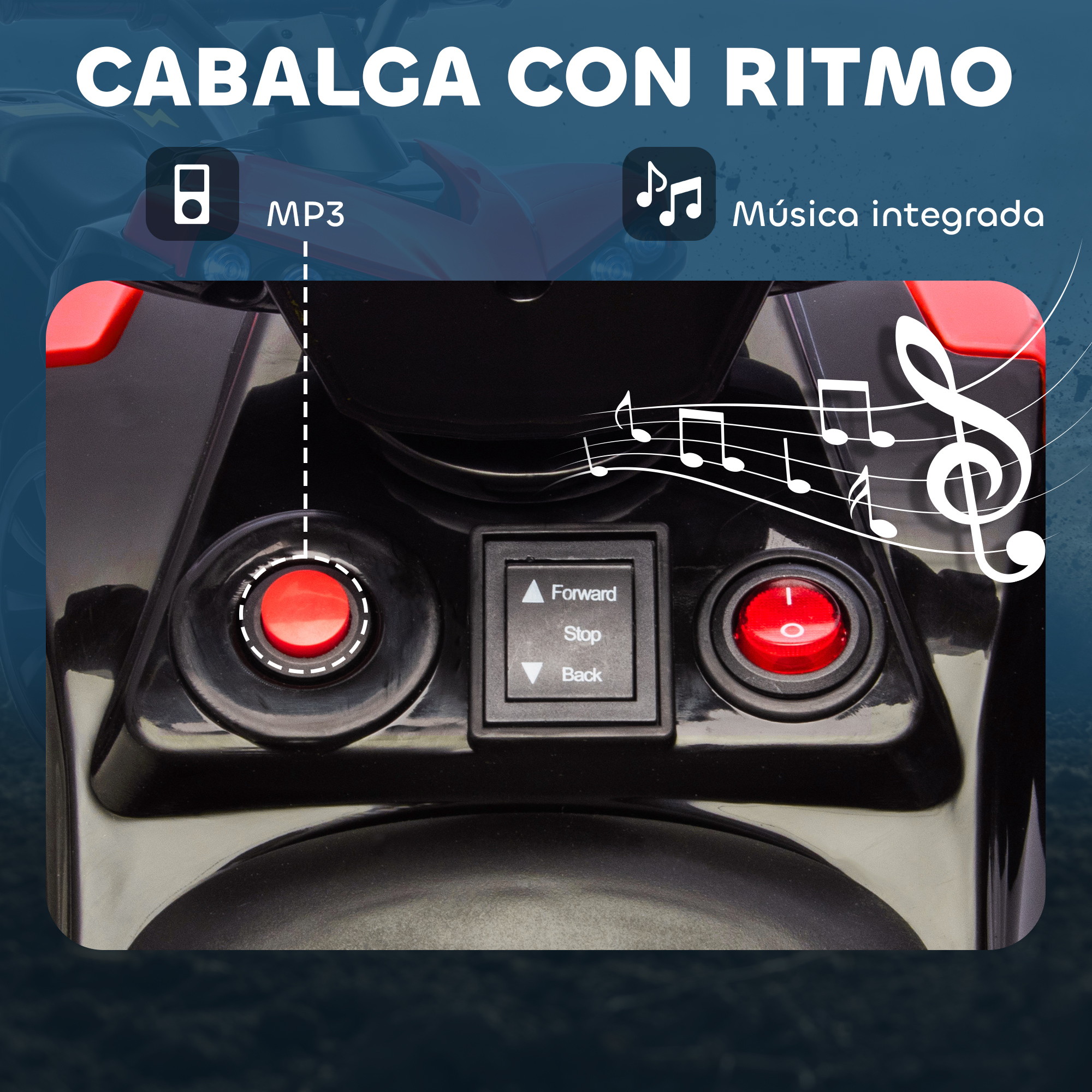 Primer plano del panel de control de un vehículo de juguete eléctrico con MP3 y música.