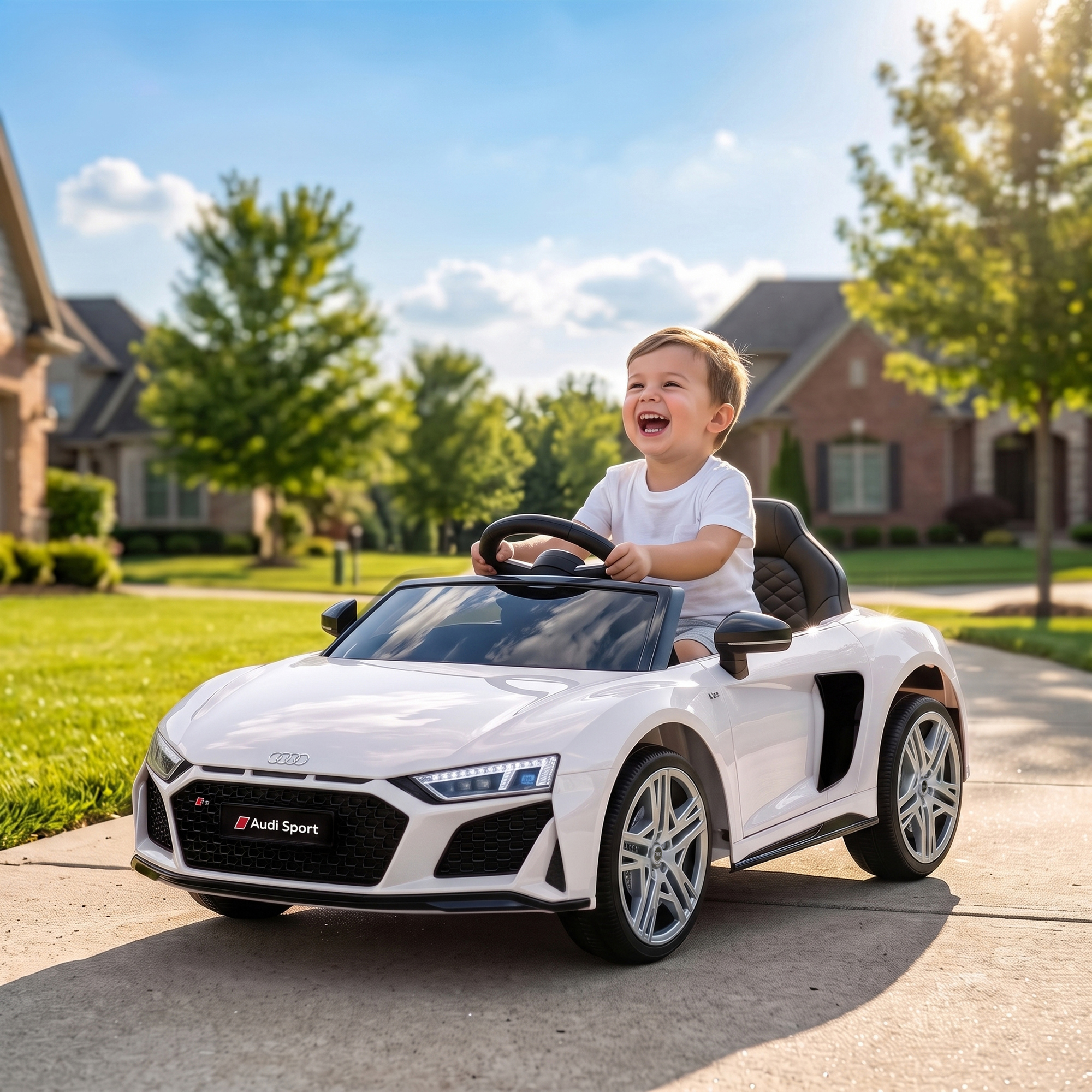 Un niño pequeño conduce felizmente un Audi de juguete blanco en un camino soleado.