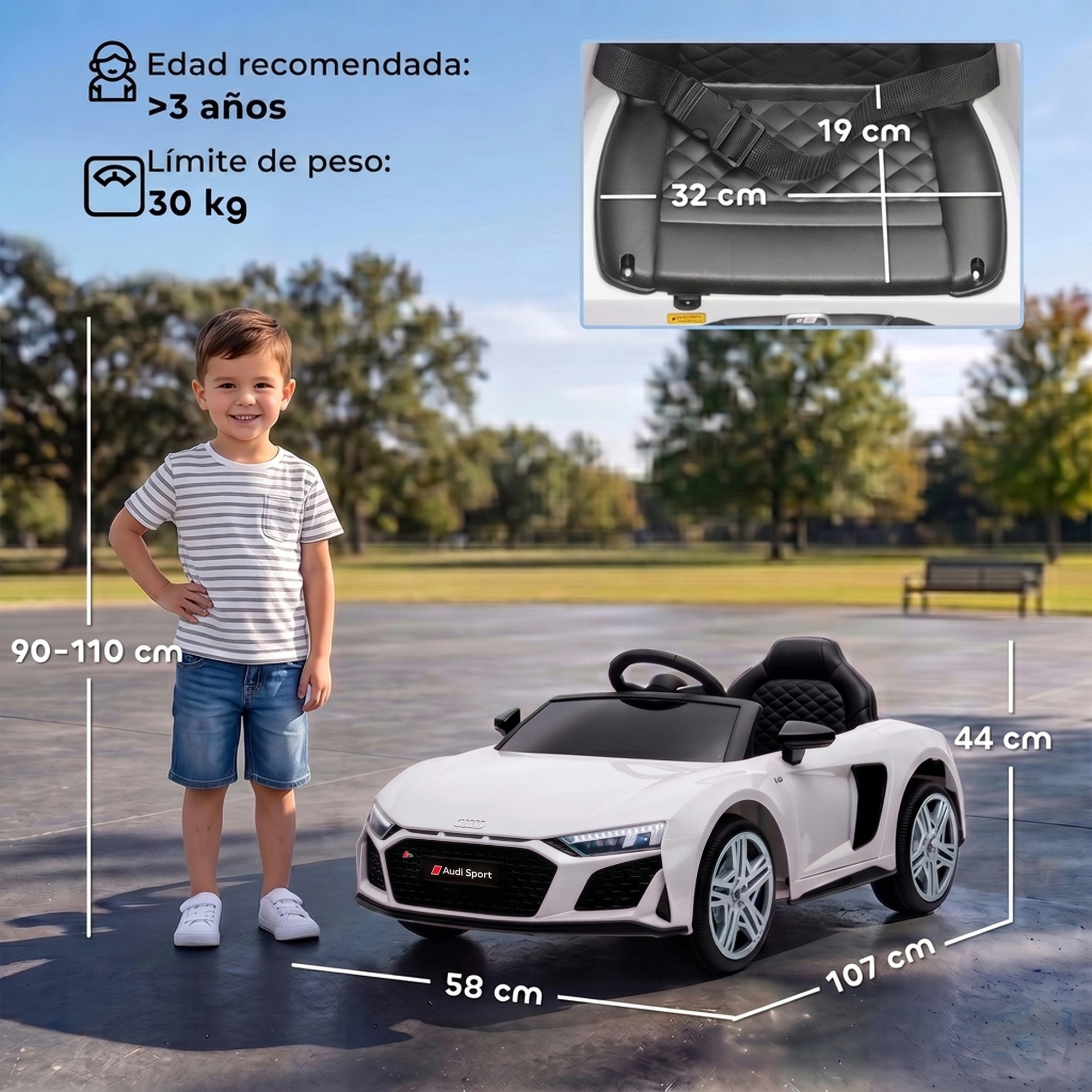 Un niño pequeño junto a un coche eléctrico de juguete blanco, con dimensiones de tamaño y edad mostradas.