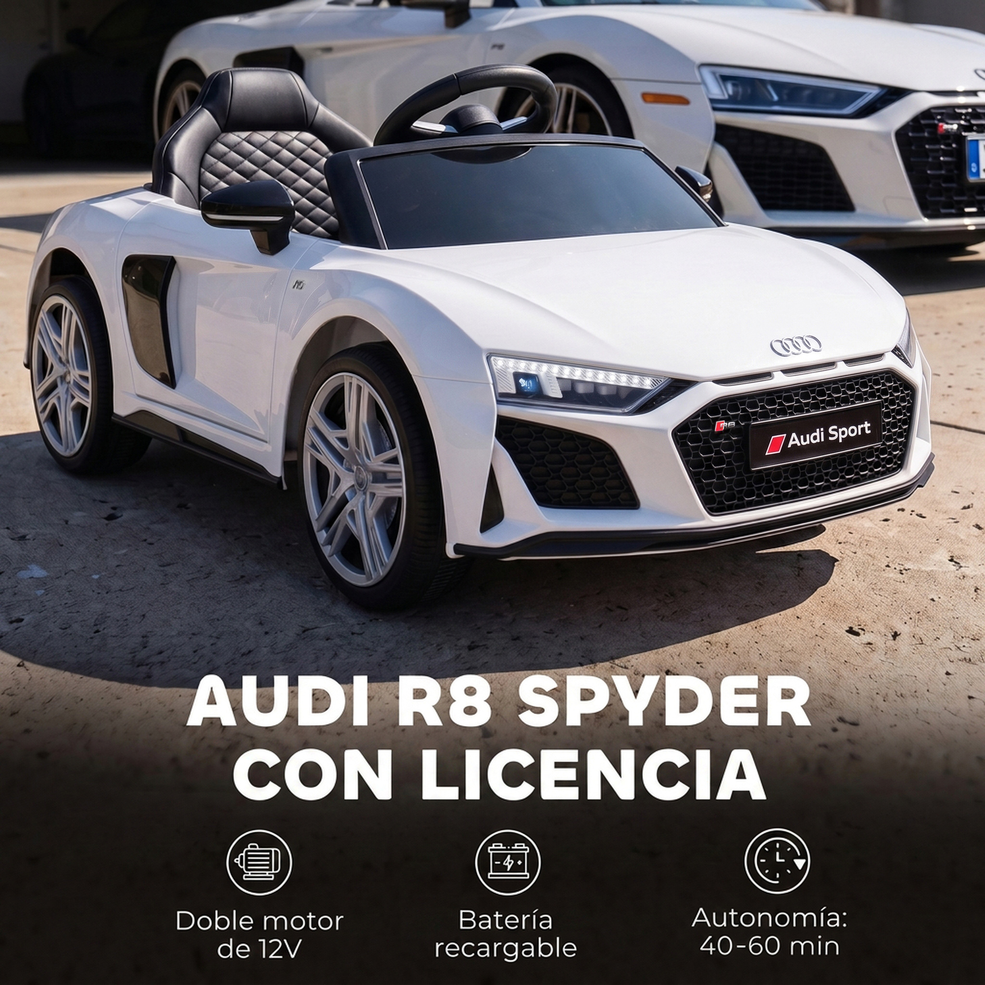 Un coche eléctrico de juguete Audi R8 Spyder blanco está aparcado al aire libre, con un Audi real de fondo.