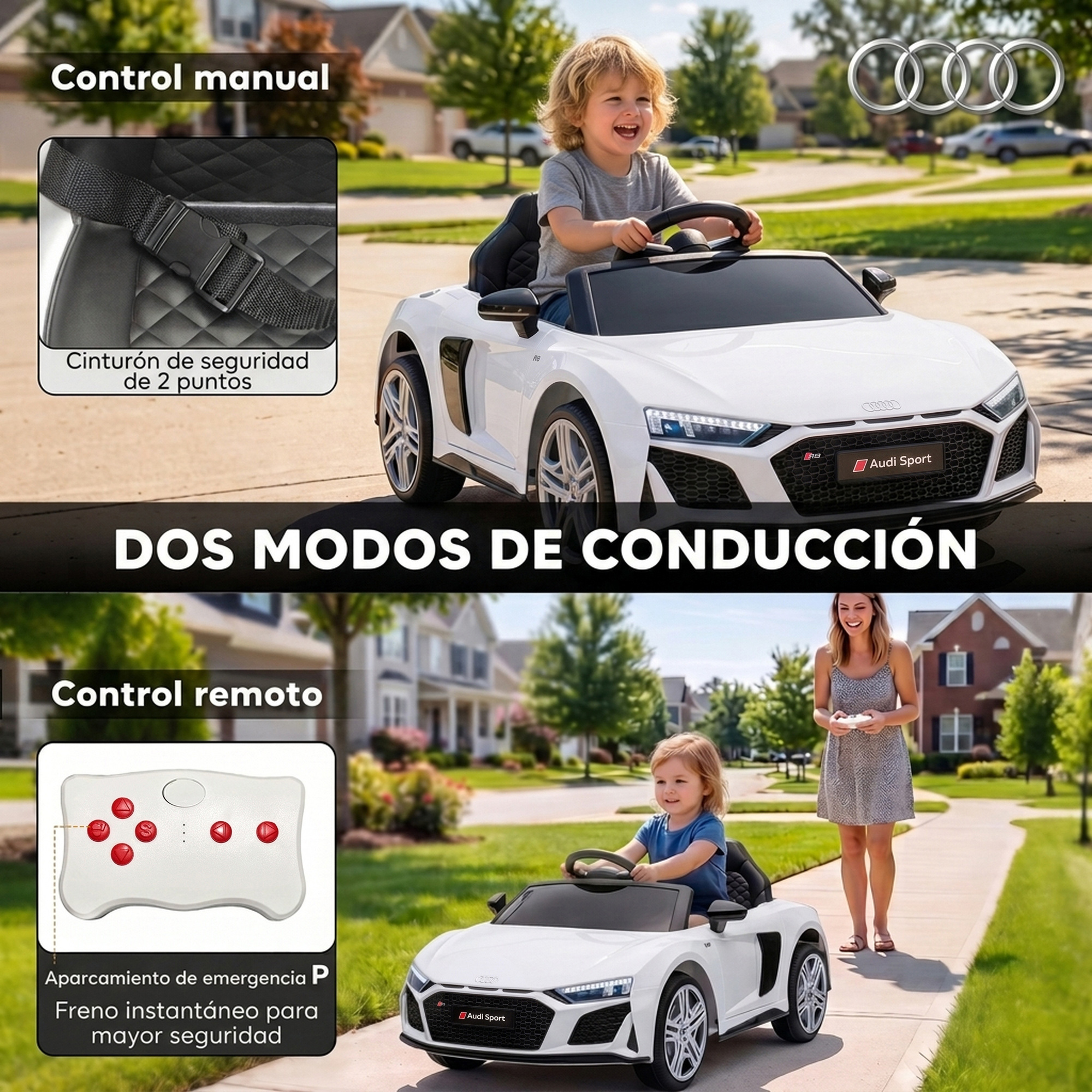 Niño conduciendo coche eléctrico de juguete blanco, con cinturón y control remoto.
