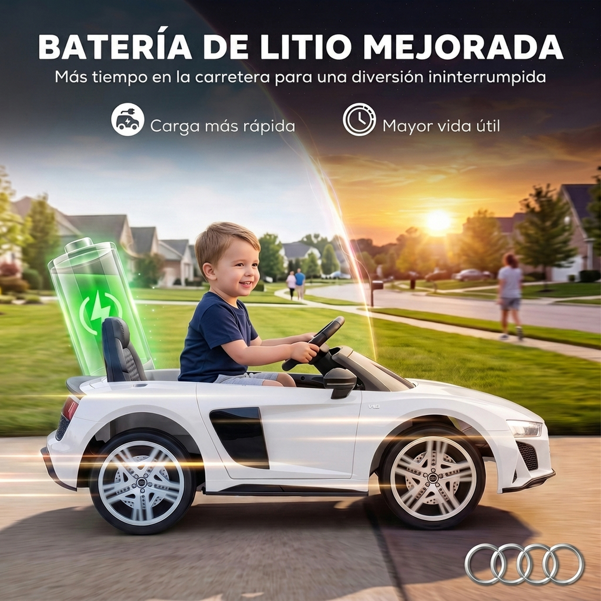 Un niño conduce un coche de juguete blanco en una urbanización, con una gran batería brillante y texto.