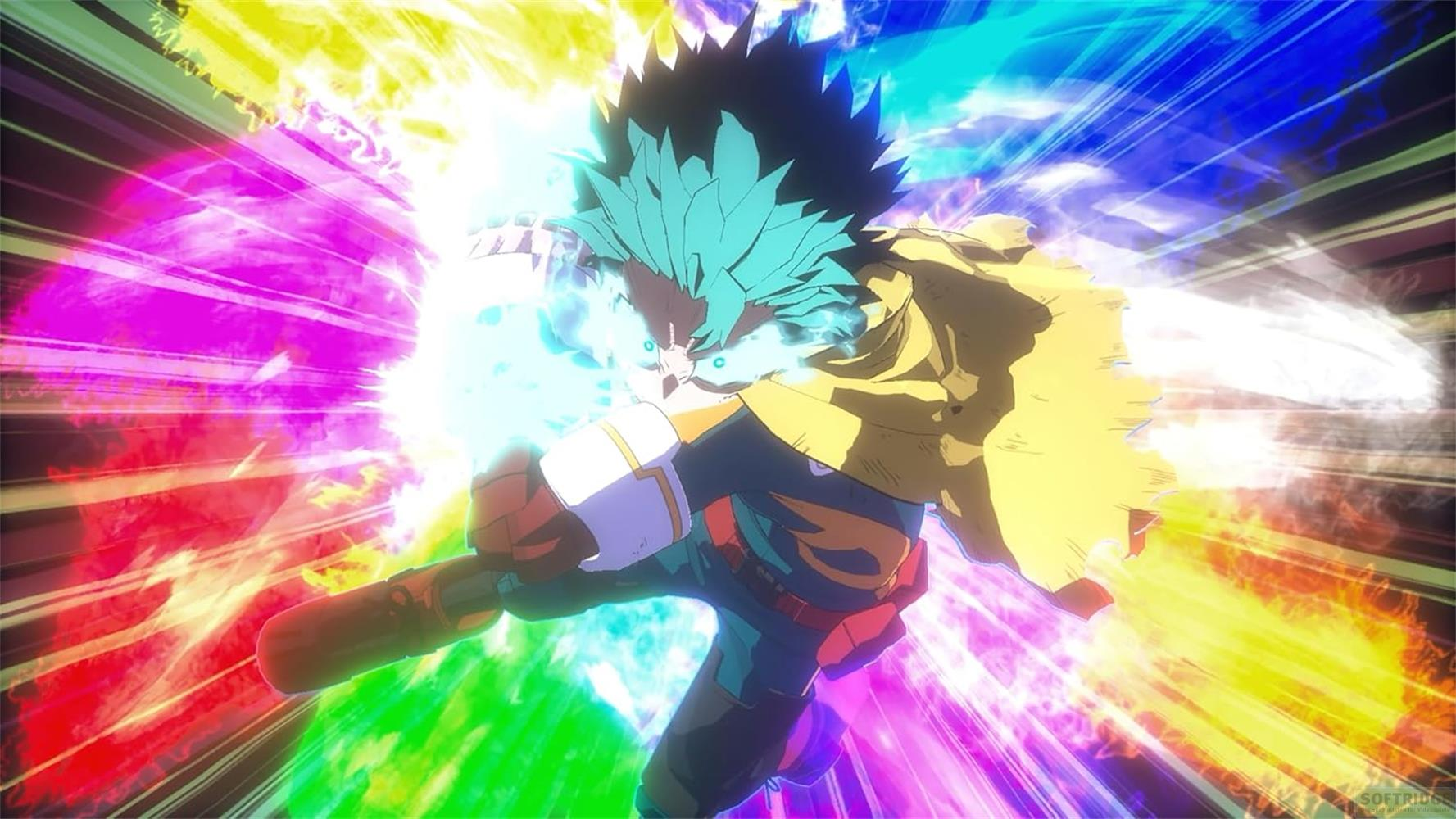 Anime-Charakter mit leuchtend blauem Haar stürmt voran, umgeben von bunten Energieblitzen und Rauch.