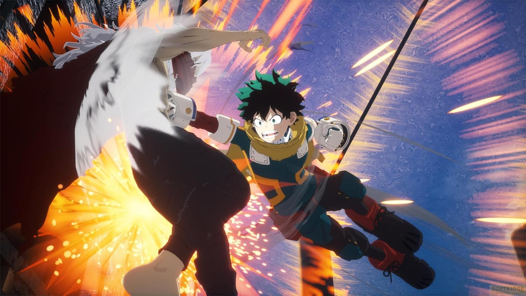 Anime-Charakter mit grünem Haar schlägt einen Gegner vor einem Hintergrund aus Flammen.
