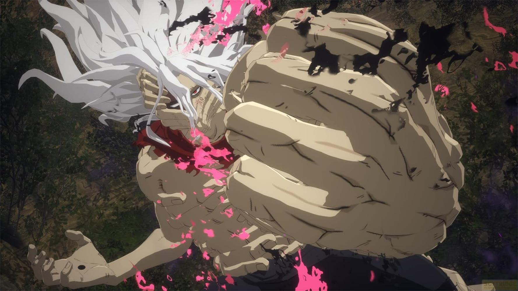 Anime-Charakter mit weißem Haar und einem großen Felshandschuh, umgeben von roten Partikeln im Wald.