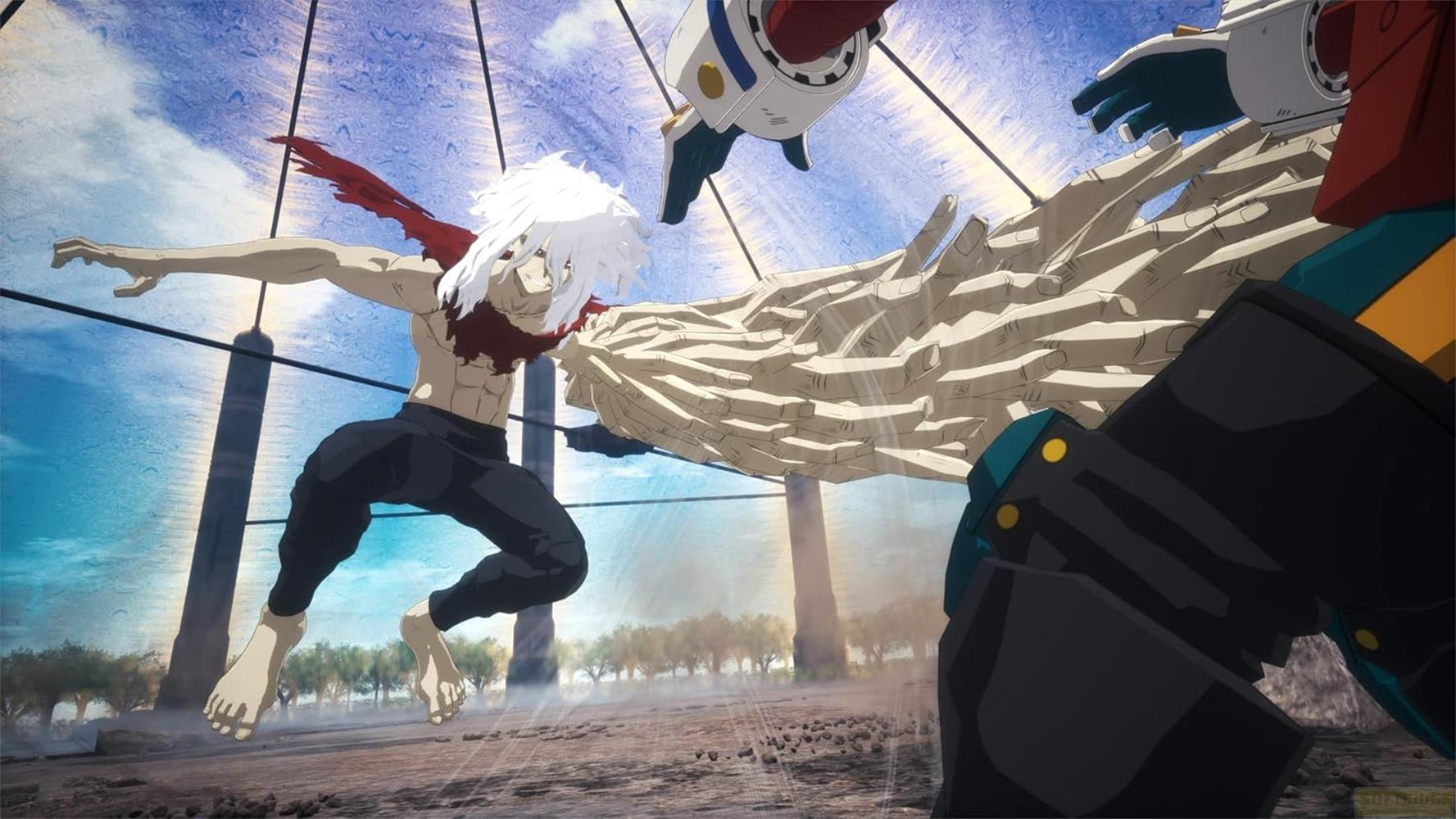 Ein weißhaariger Anime-Kämpfer mit Hand-Arm angreift einen Gegner vor blauem Himmel.