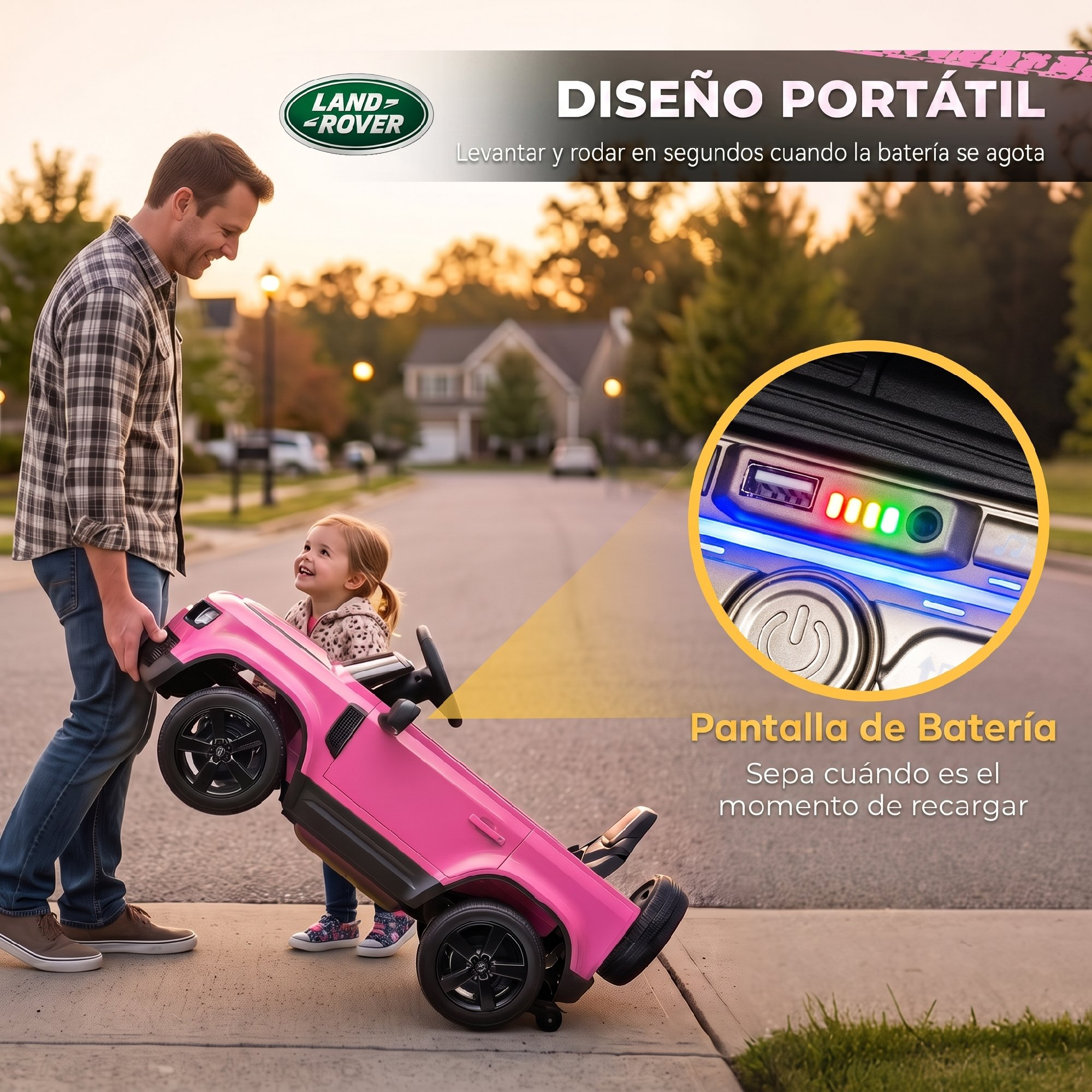 Un padre levanta un coche de juguete rosa para niños en la calle, con pantalla de batería.