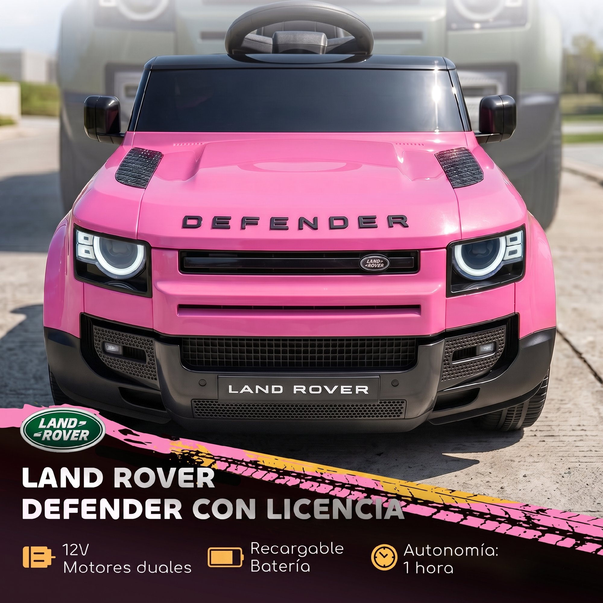 Un auto de juguete Land Rover Defender rosa con detalles negros estacionado afuera, con faros brillantes.