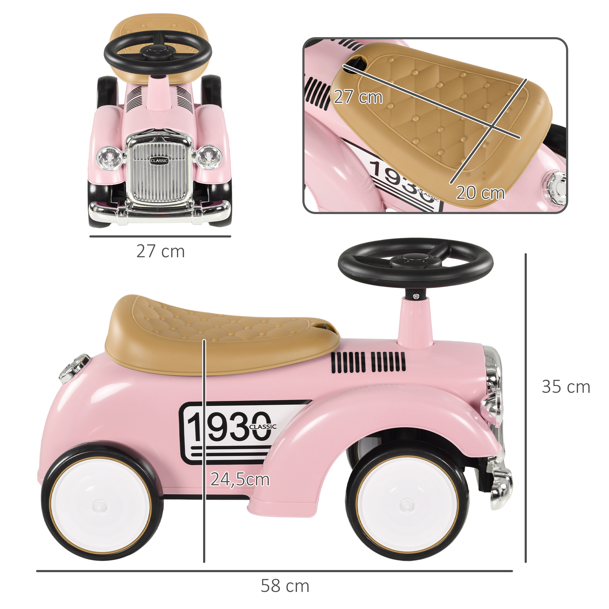 Coche de juguete rosa tipo vintage con dimensiones mostradas de lado, frente y arriba.