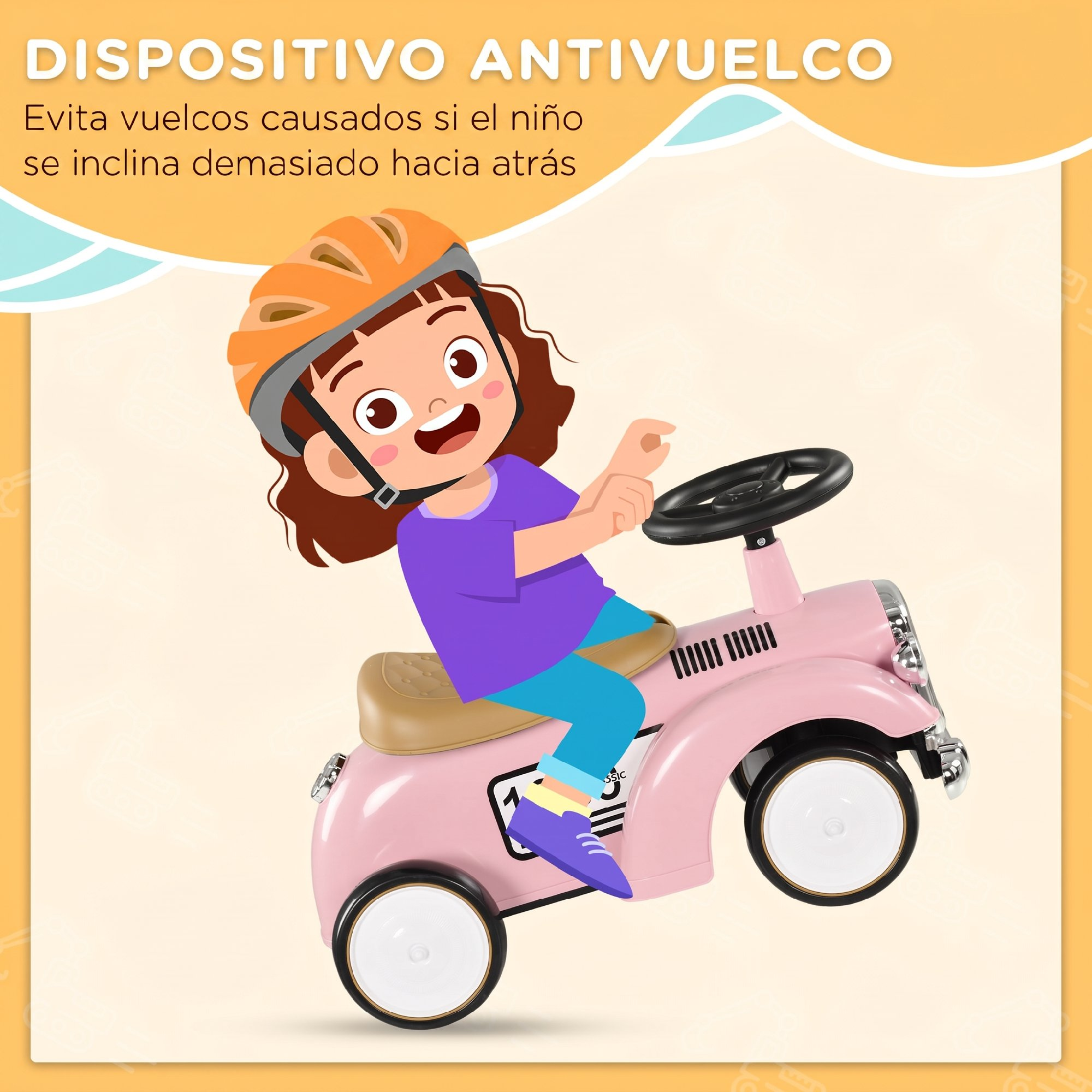 Un niño con casco conduce un coche de juguete rosa.