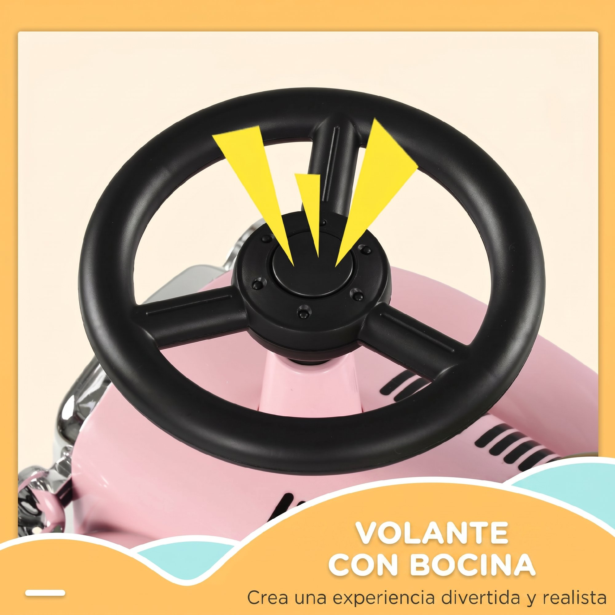 Un volante de juguete negro en un auto rosa, con ondas de sonido amarillas apuntando a la bocina.