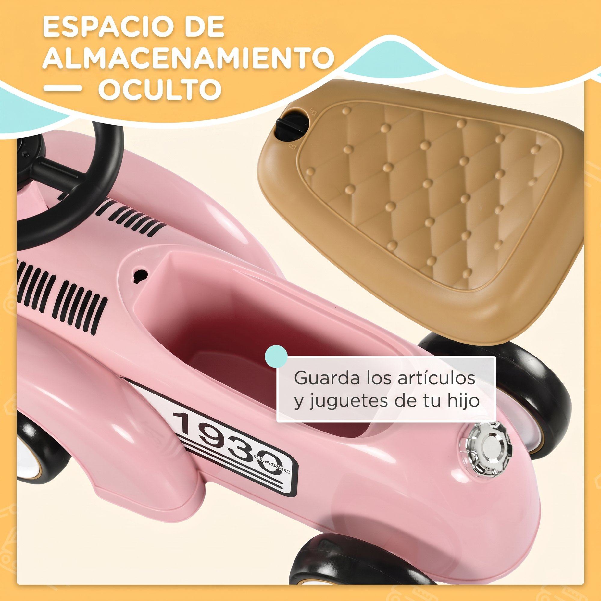 Coche de juguete rosa con almacenamiento oculto bajo el asiento y texto 1930 classic.