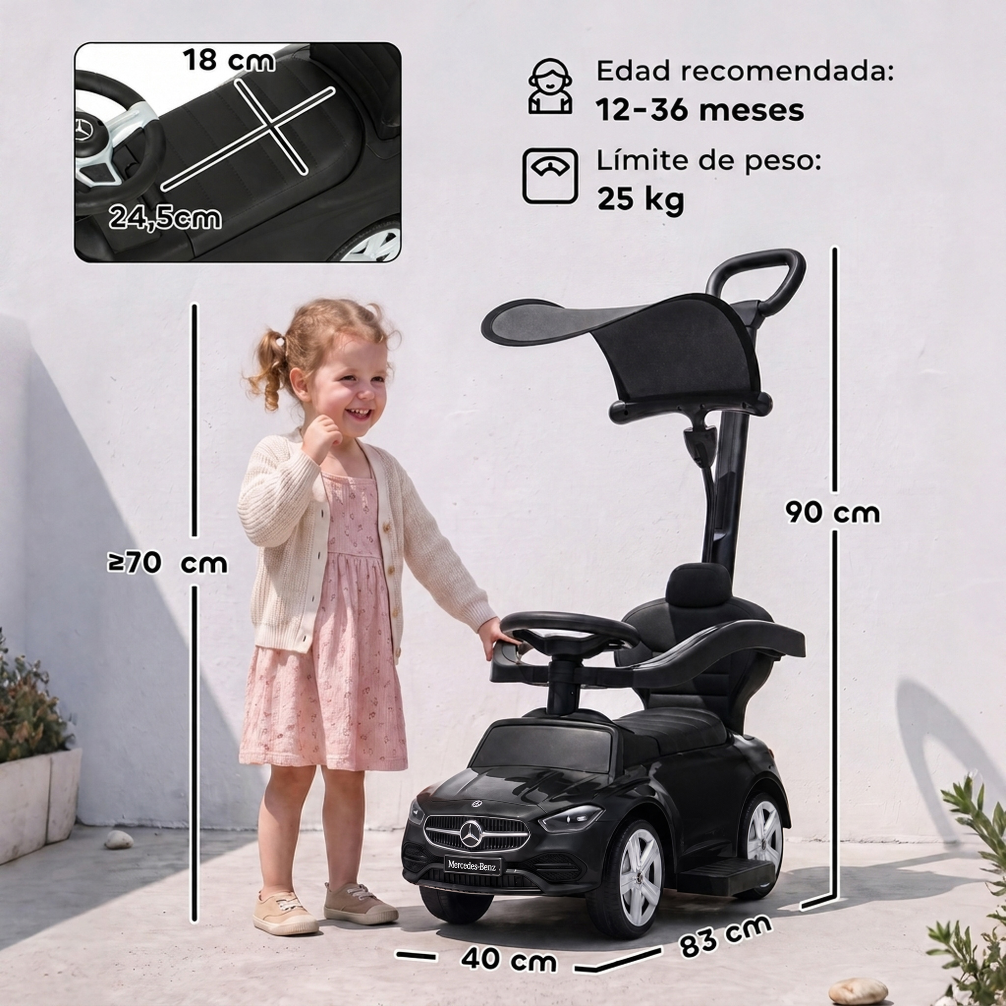 Una niña sonriente junto a un auto de juguete negro con manillar, mostrando dimensiones y edad recomendada.