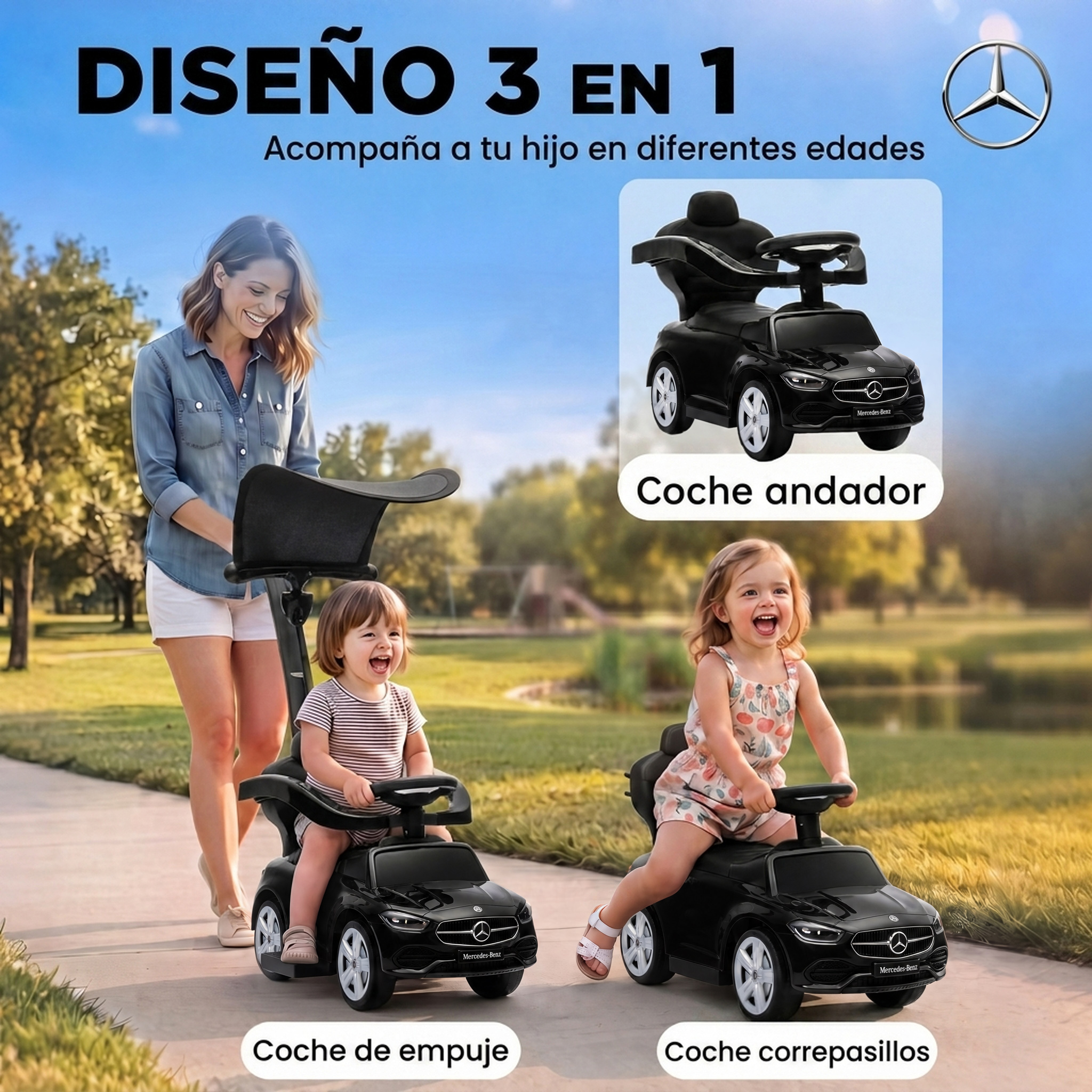 Una mujer empuja a un niño en un coche de juguete negro de Mercedes en un parque, junto a otro niño en un coche andador.
