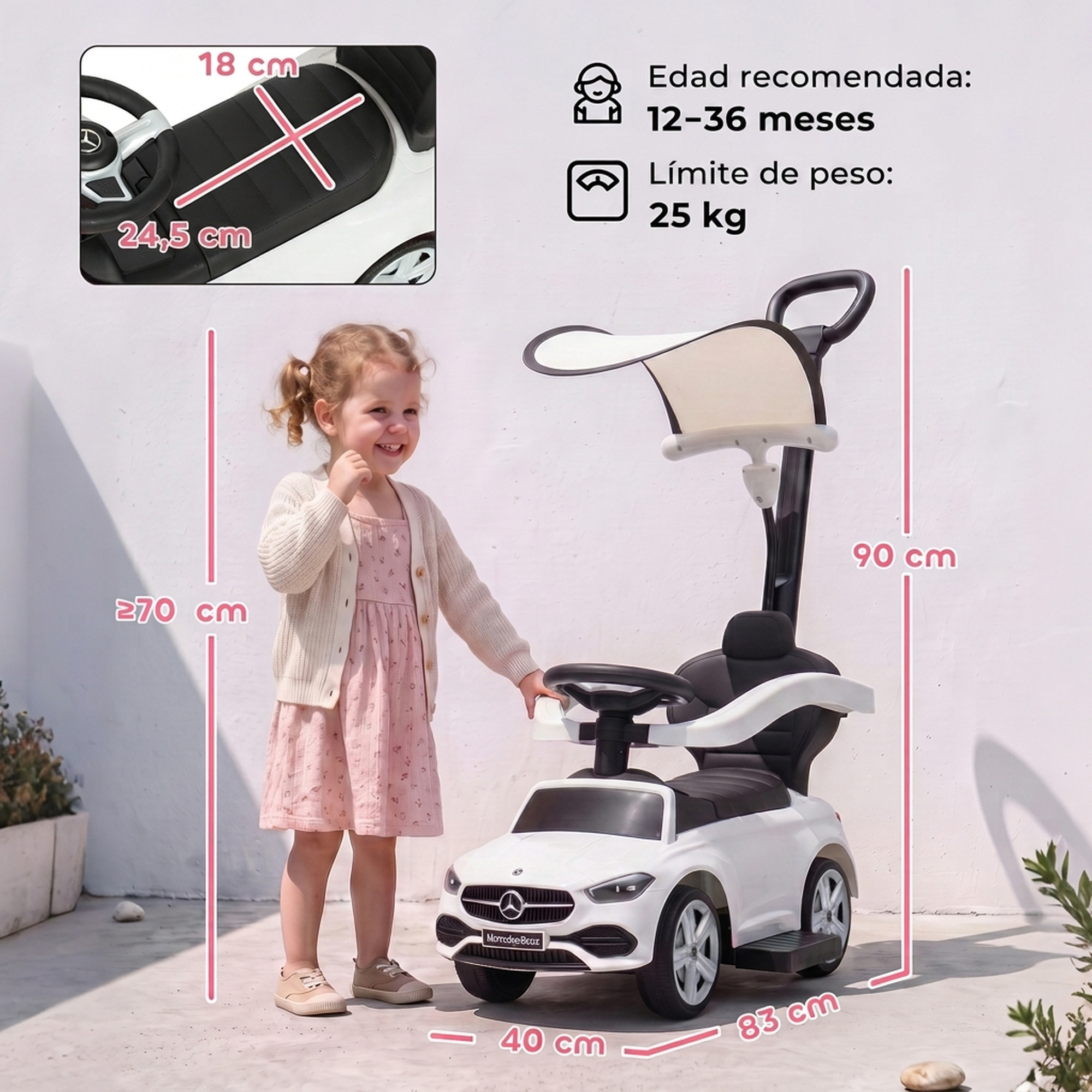 Una niña sonriente junto a un coche de empuje blanco con medidas indicadas.
