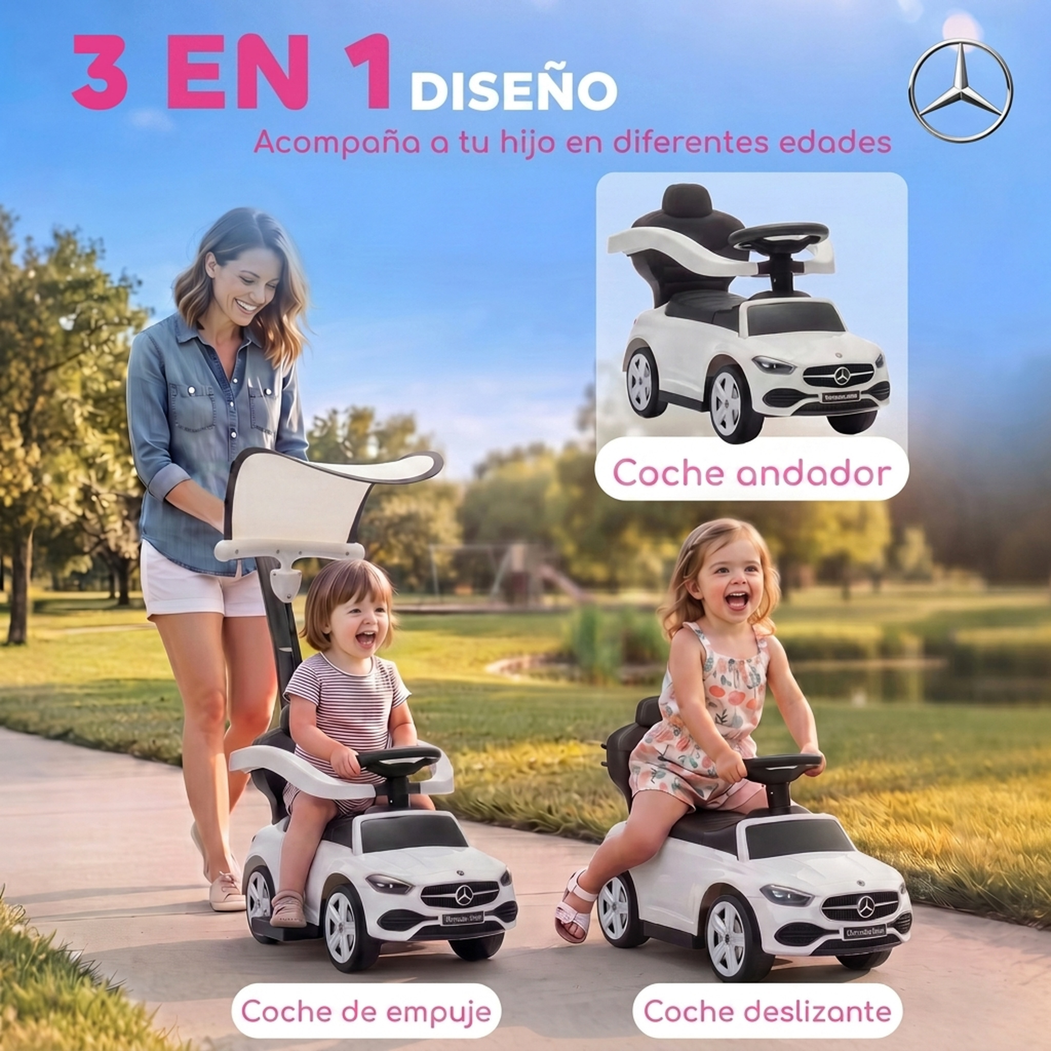 Una mujer y niños usan un auto de juguete blanco Mercedes en tres modos diferentes en un parque.
