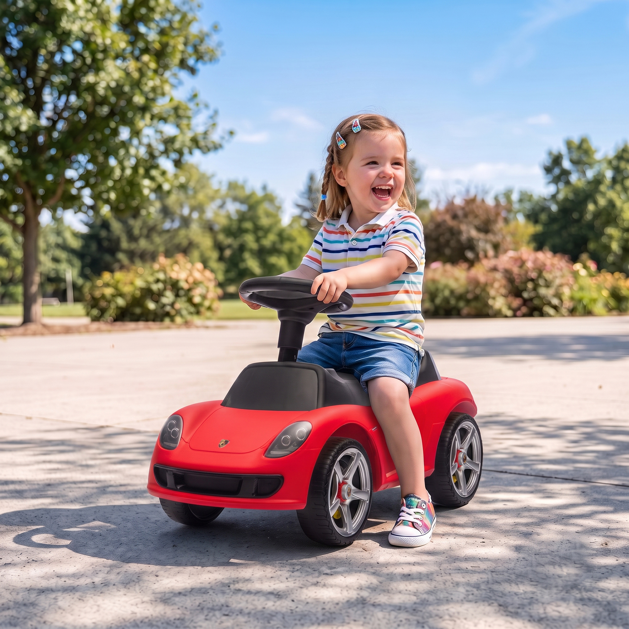 Una niña feliz con trenzas conduce un coche de juguete rojo en un parque.
