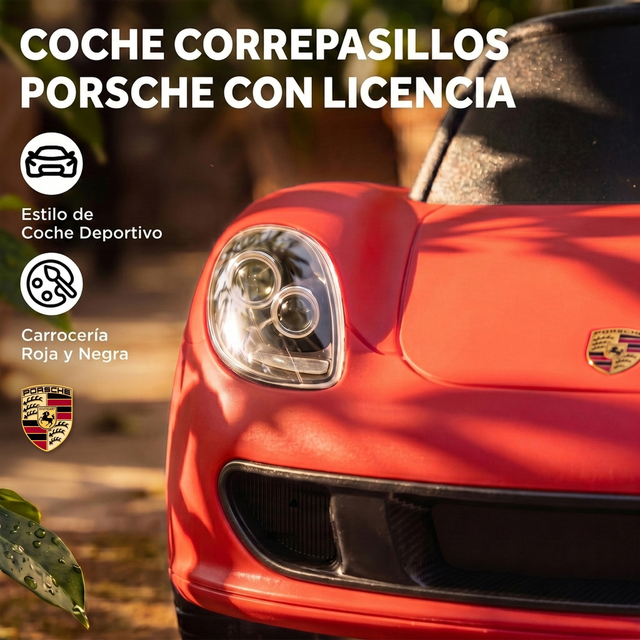 Primer plano de un coche de juguete rojo Porsche con faros y logotipos.