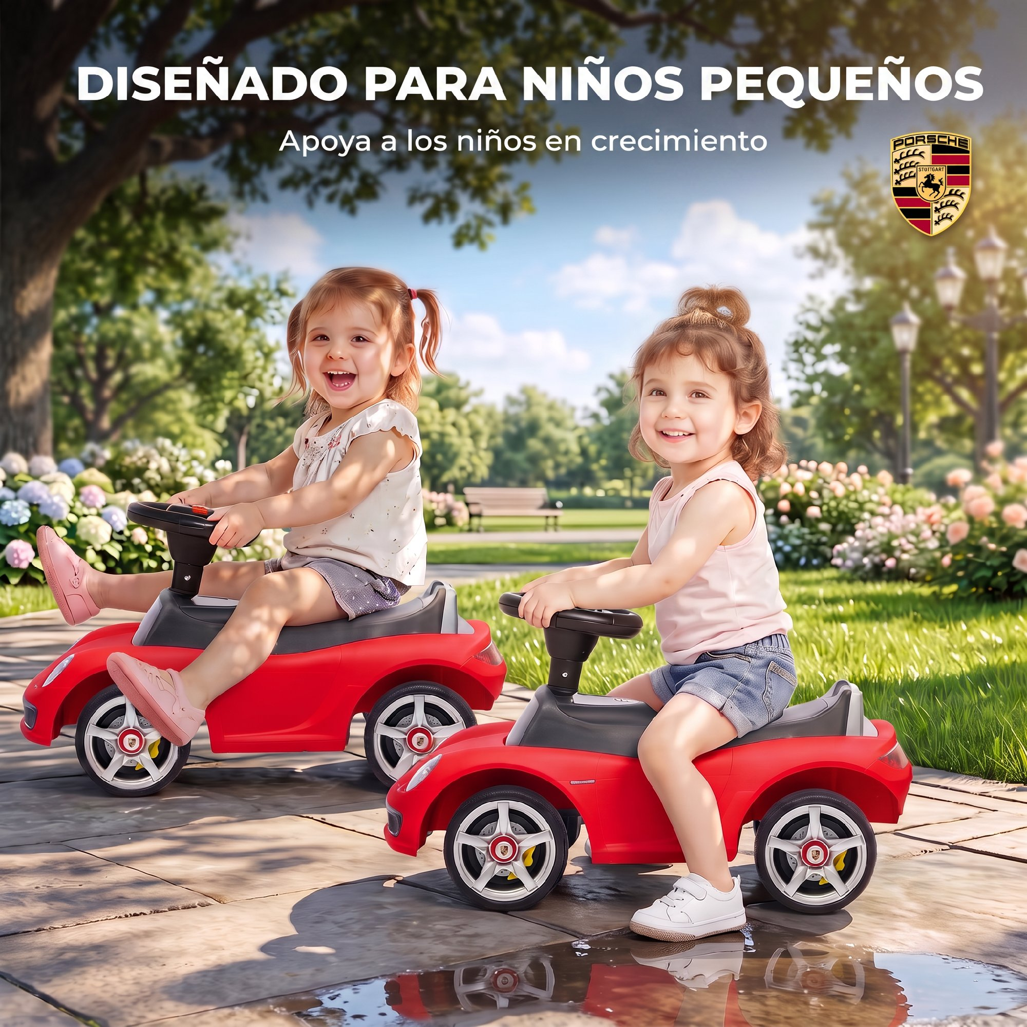 Dos niñas pequeñas sonríen mientras montan en carritos de juguete rojos en un parque.