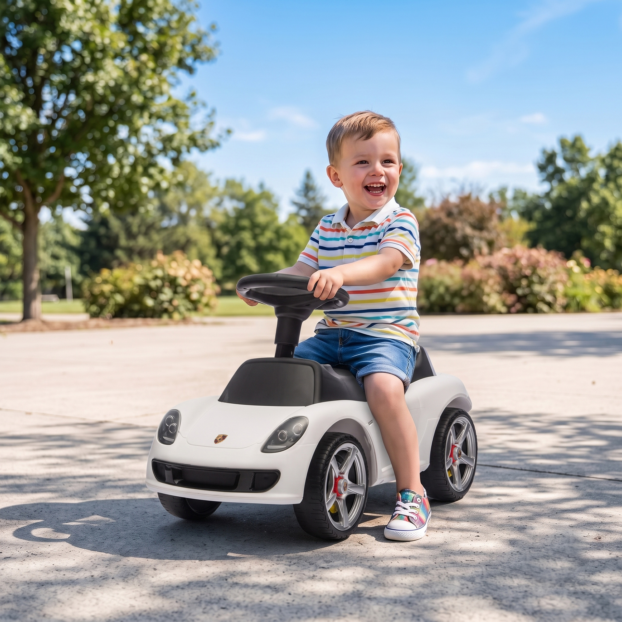 Un niño sonriente con camisa a rayas monta en un coche de juguete blanco por un camino pavimentado y soleado.