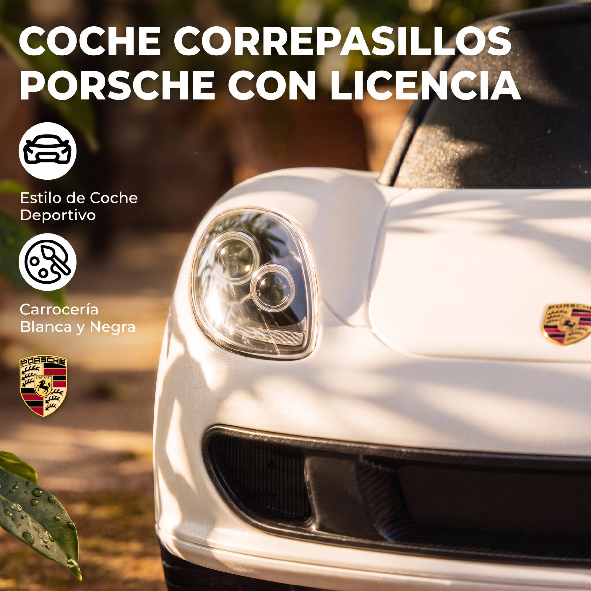 Primer plano de un coche Porsche de juguete blanco con faros y logotipo al aire libre.