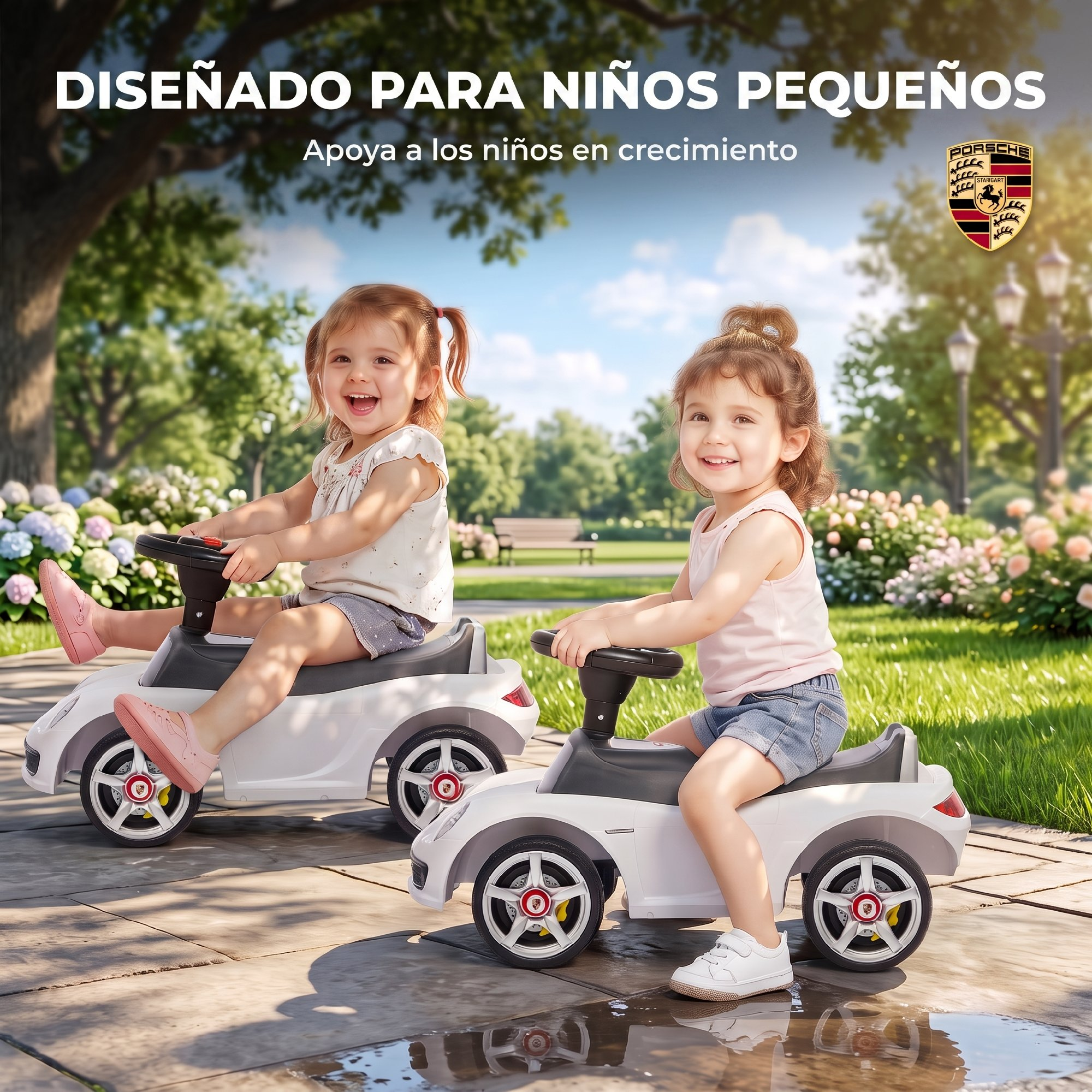 Dos niños pequeños montan felices en carritos de juguete blancos en un parque.