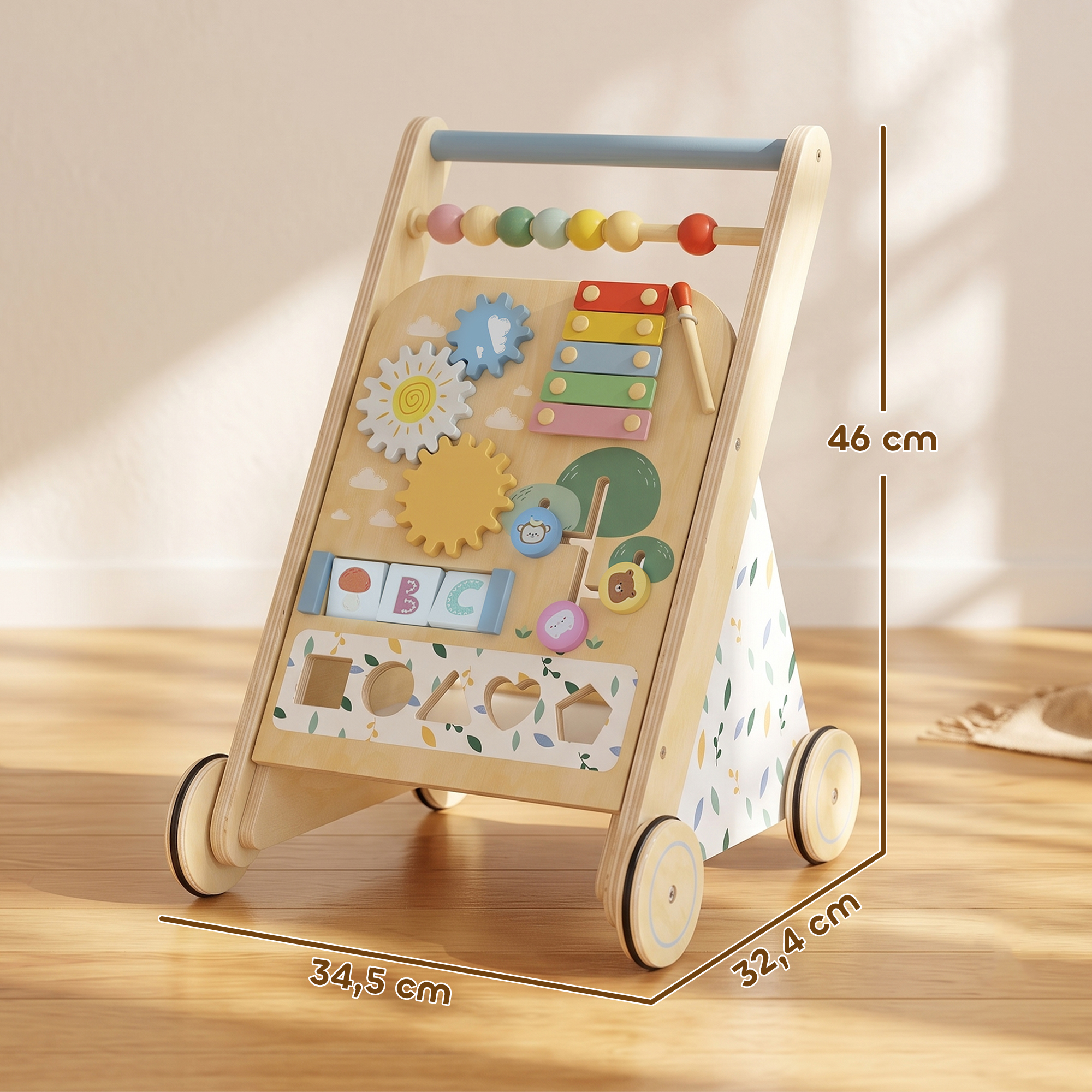 Andador de madera con actividades coloridas, de 34,5 x 32,4 x 46 cm, sobre suelo de madera.