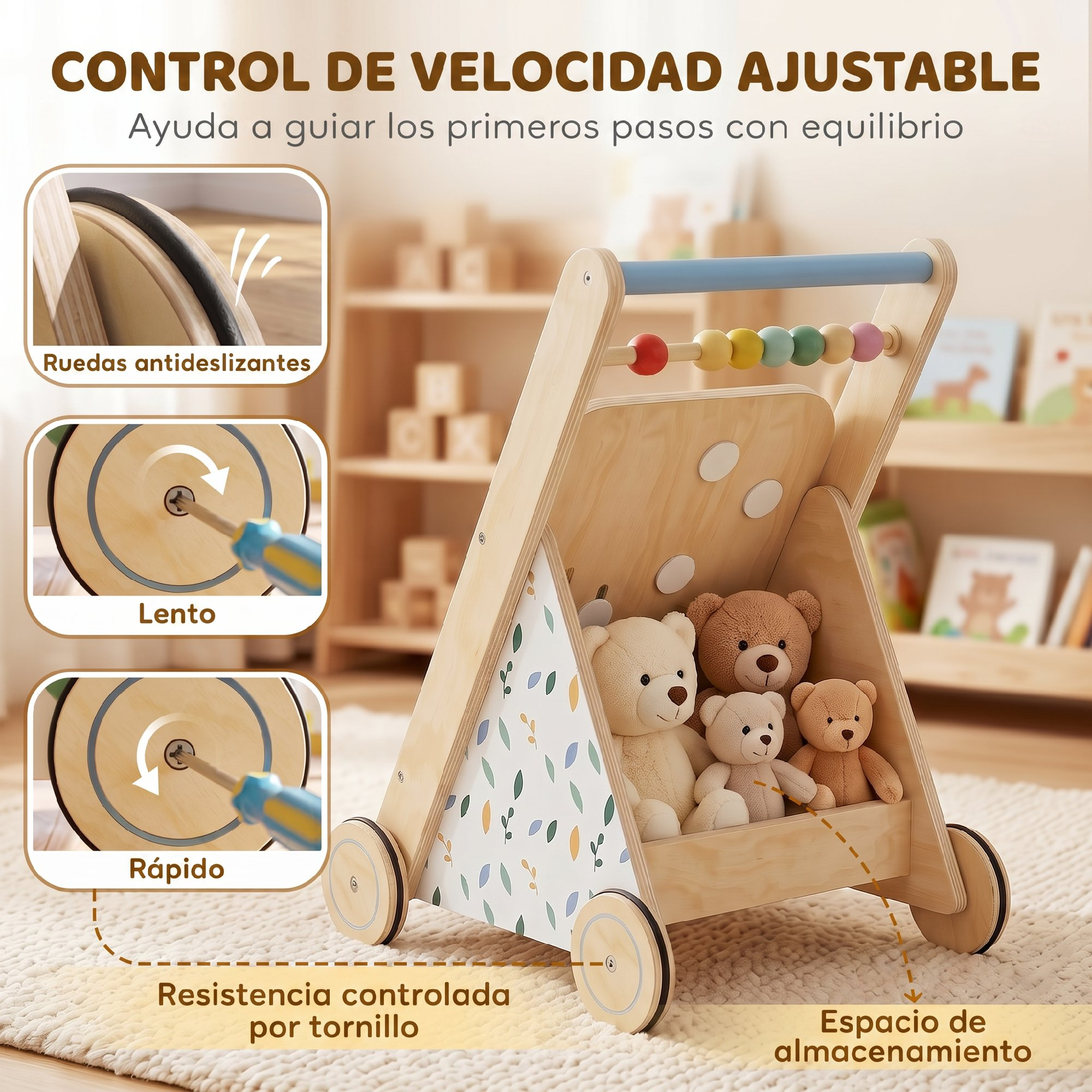 Caminador de madera con ositos, cuentas y ruedas ajustables.