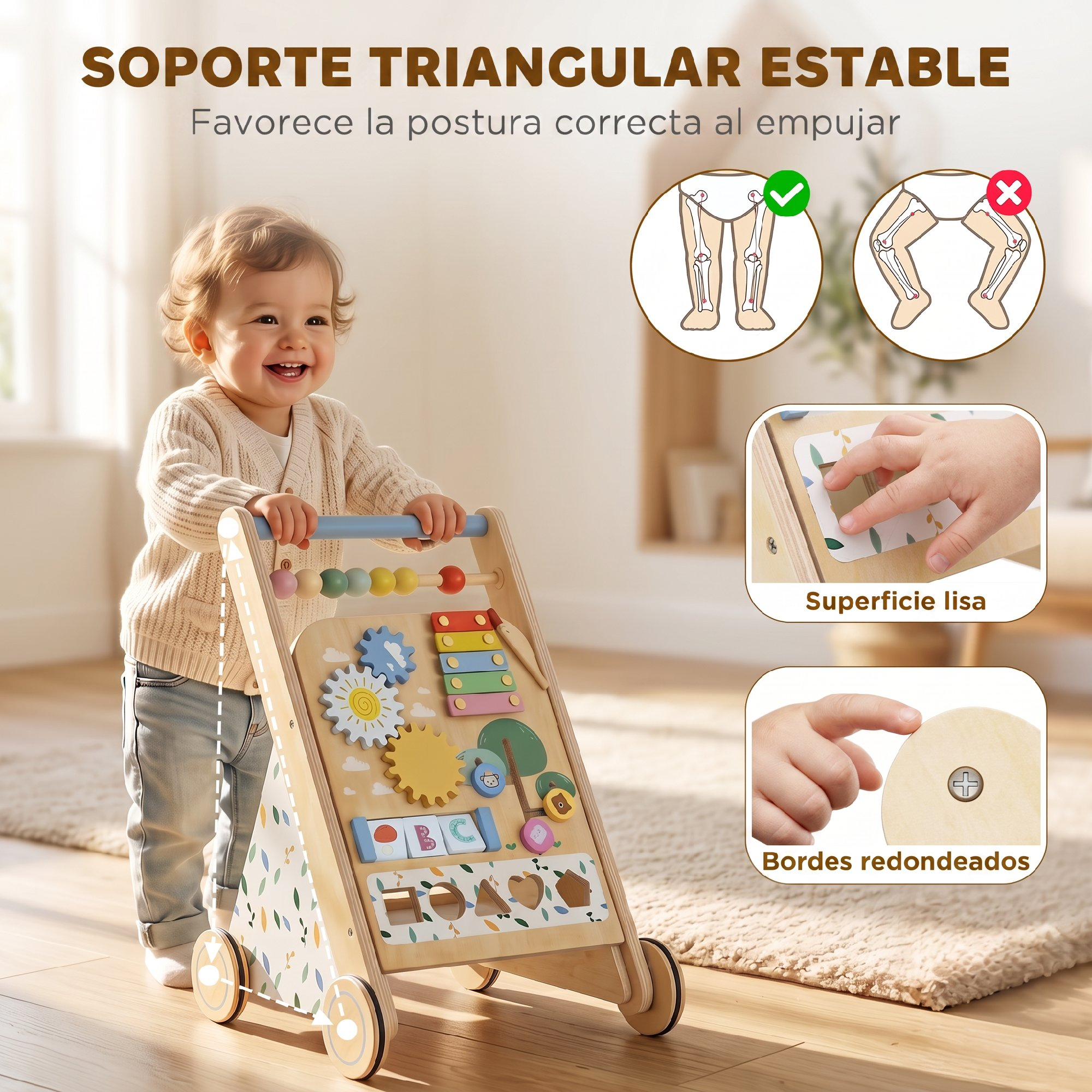 Niño pequeño empuja un andador de madera colorido con juguetes educativos.