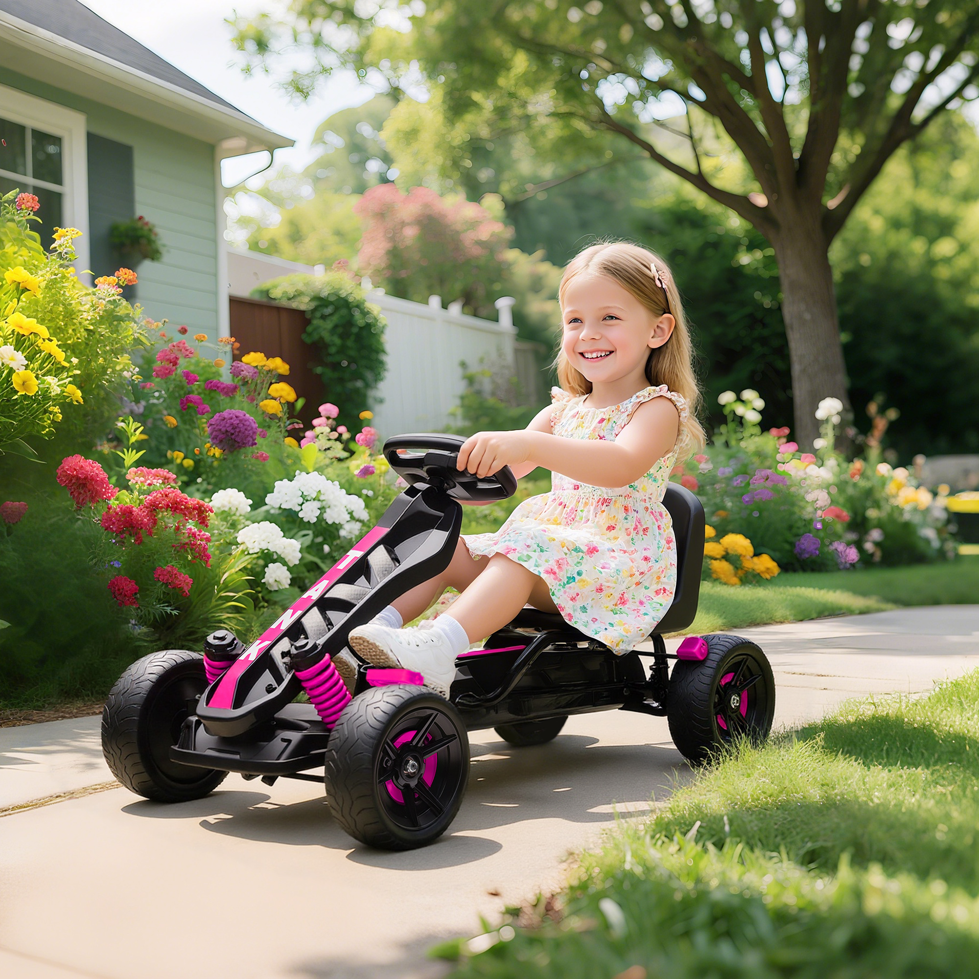 Una niña feliz con un vestido floral conduce un kart negro y rosa por un sendero de jardín.