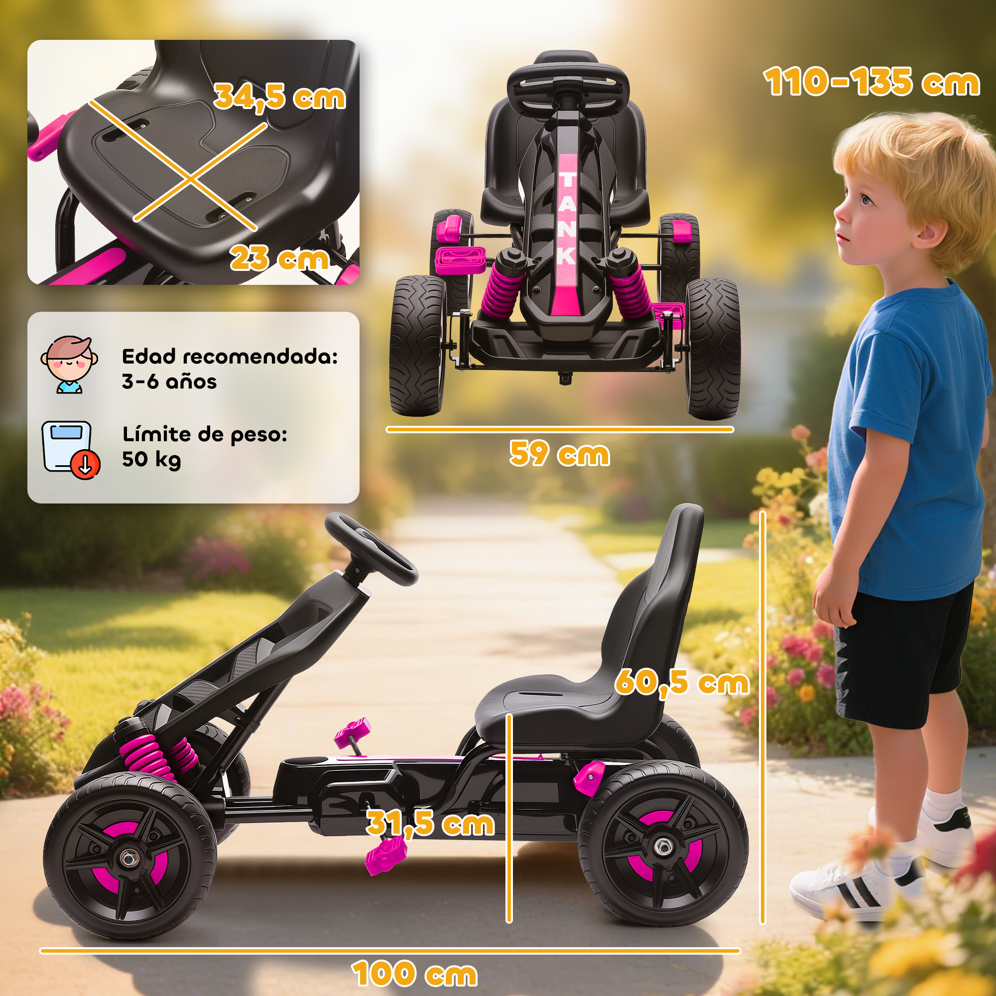 Un niño mira un kart negro con detalles rosas y dimensiones sobre un fondo de jardín.