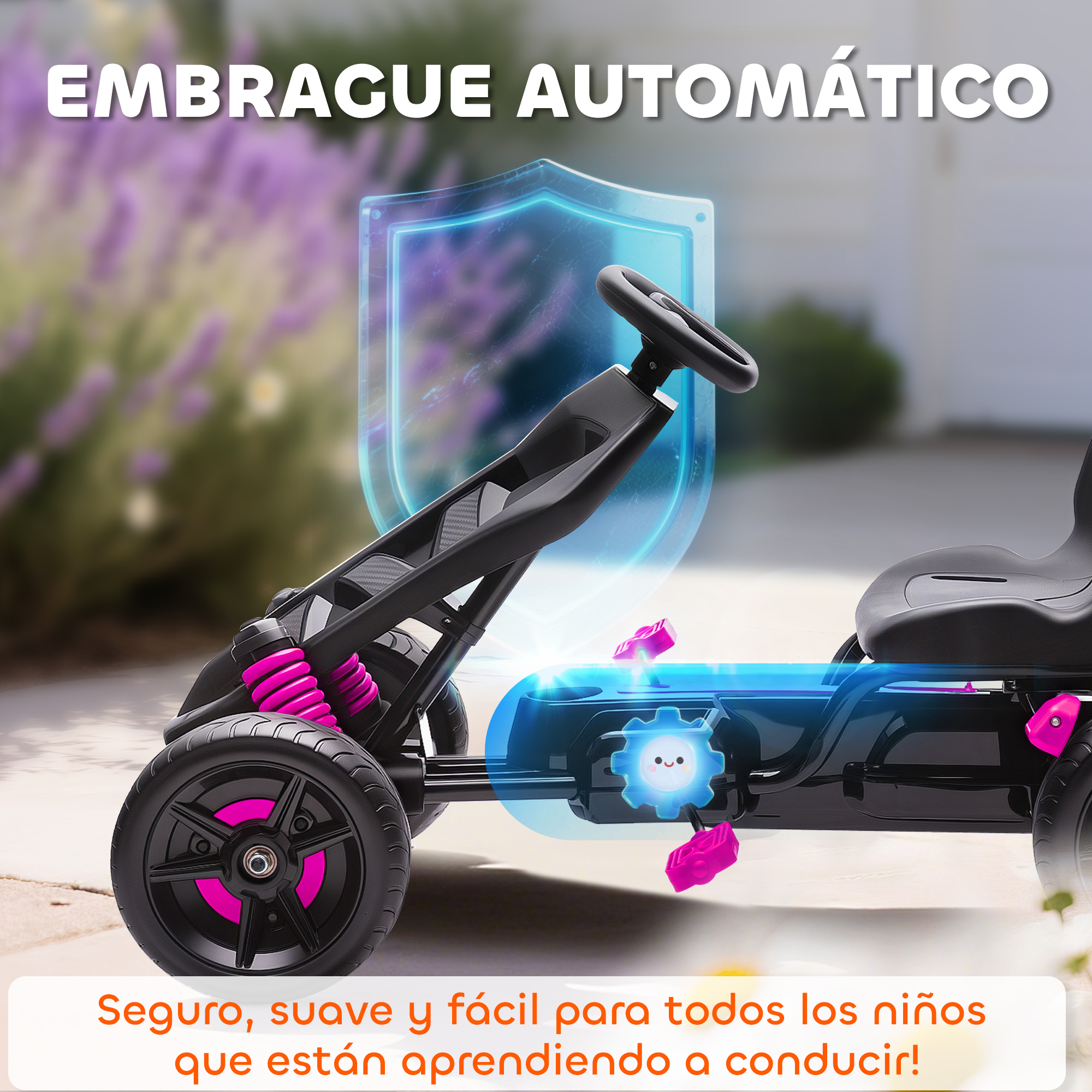Un kart infantil negro con detalles rosas y embrague automático al aire libre en un pavimento soleado.
